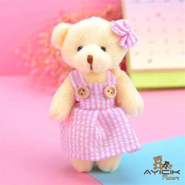 Pembe Elbiseli Pelüş Ayıcık Anahtarlık Krem Kız 12'li Paket