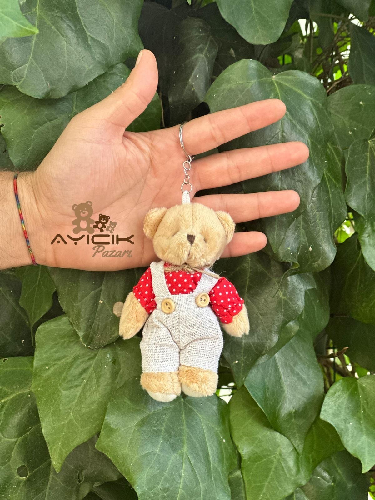 Kırmızı Ekose Elbiseli Pelüş Ayıcık Anahtarlık Kahverengi Kız-Erkek 12'li Paket
