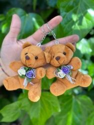Güllü Ayıcık Pelüş Anahtarlık 10 cm Koyu Kahve Rengi (12'li Paket)