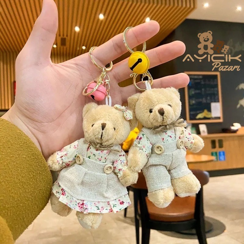 Çiçekli Elbiseli Pelüş Ayıcık Anahtarlık Kahverengi Kız 12'li Paket