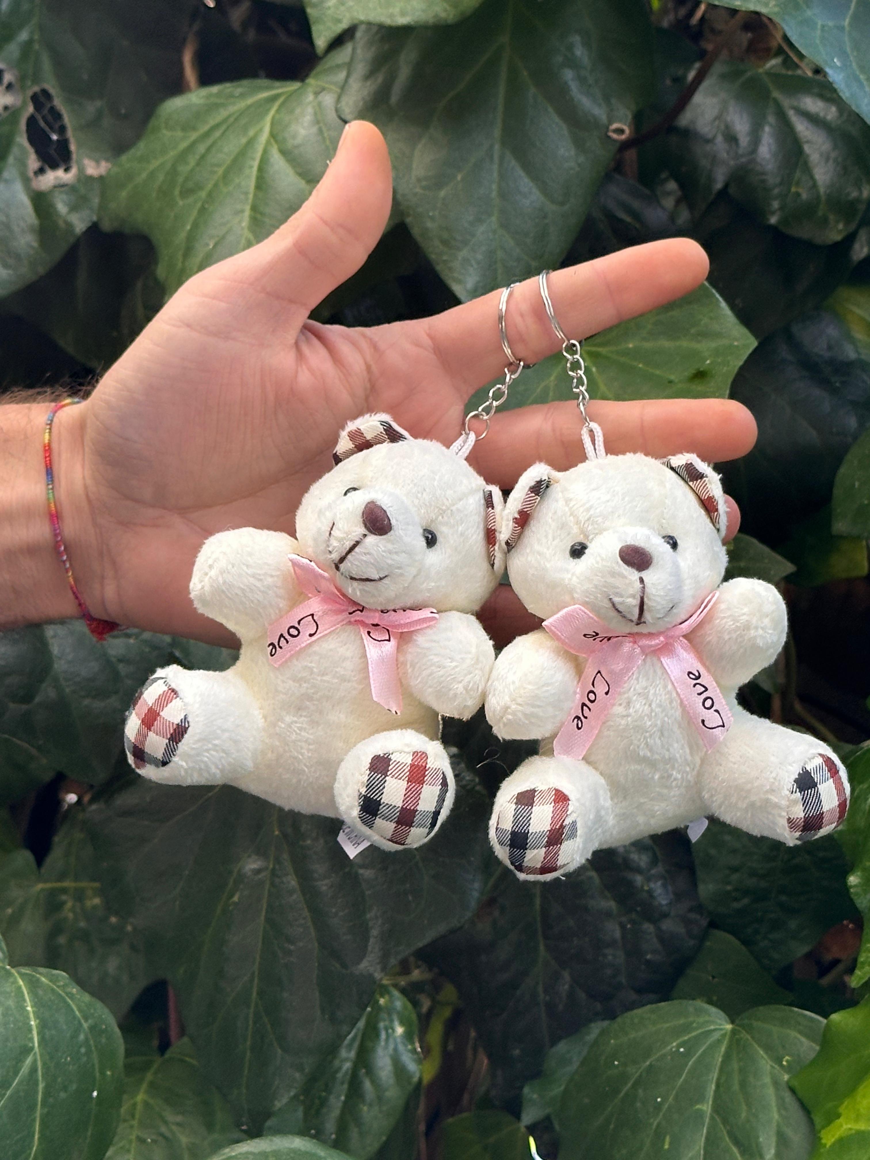 10 cm Ekose Desenli Pelüş Ayıcık Anahtarlık Krem Rengi 12'li Paket
