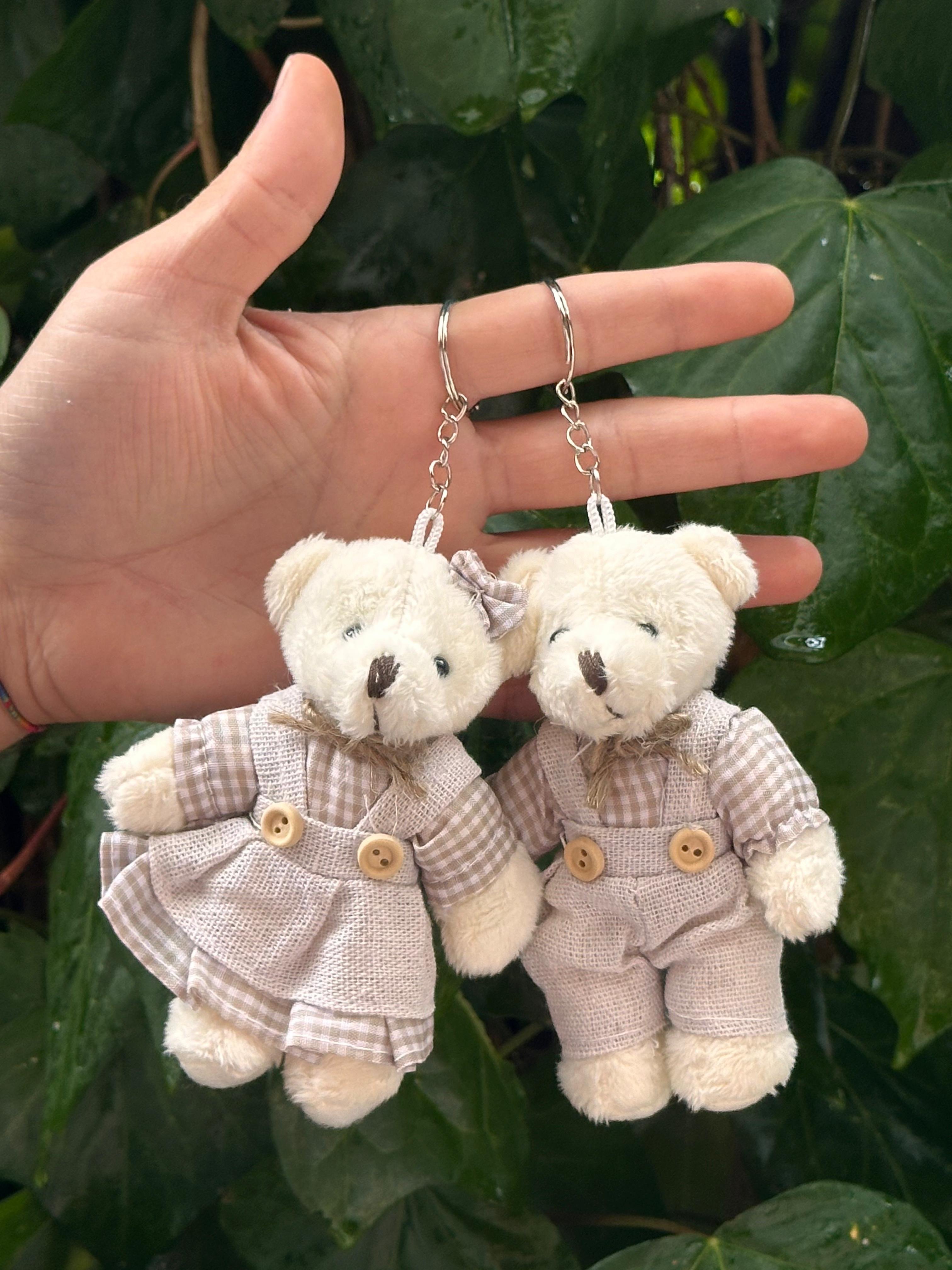 Gri Ekose Elbiseli Pelüş Ayıcık Anahtarlık Krem Kız 12'li Paket
