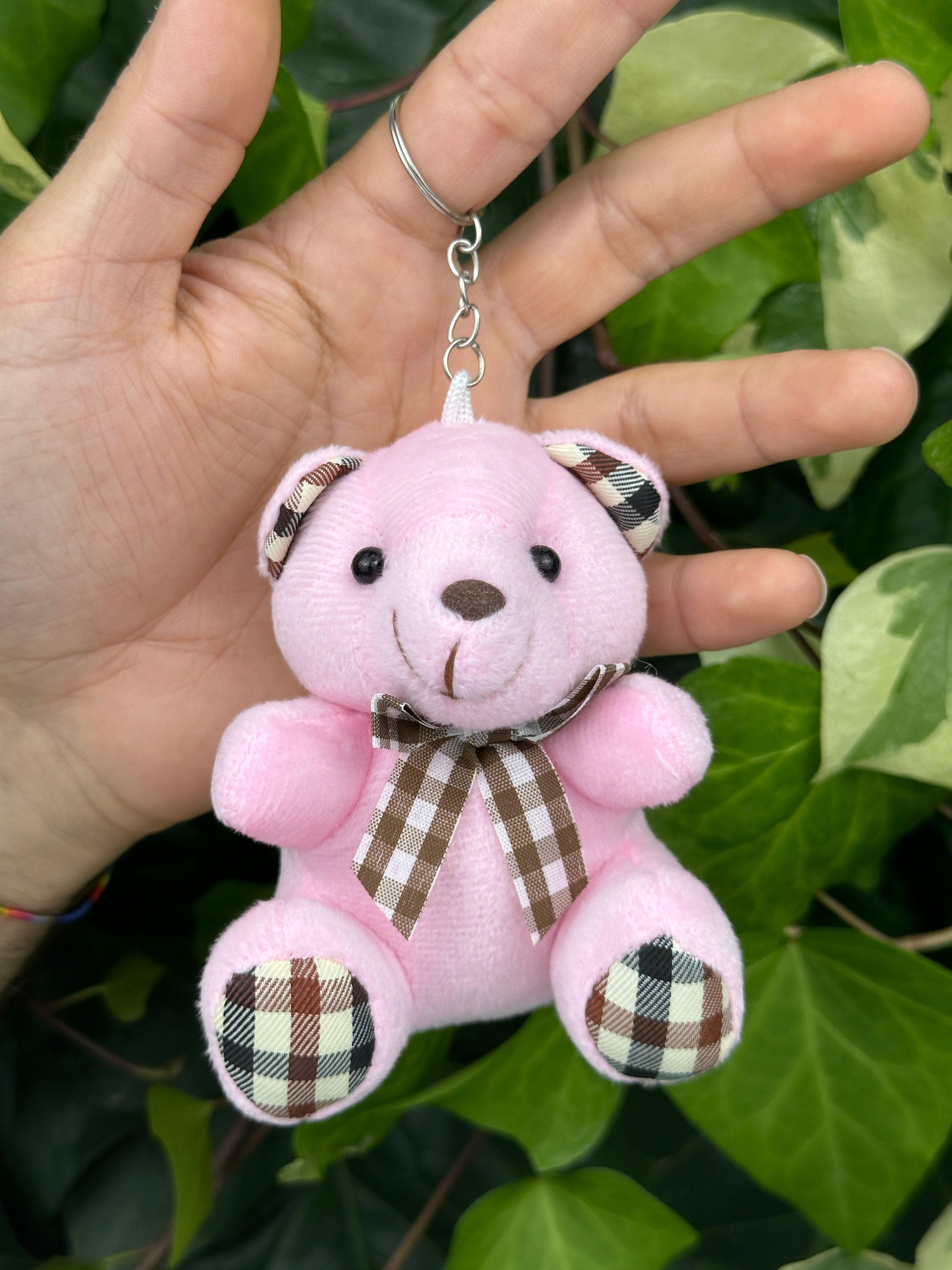 10 cm Ekose Desenli Pelüş Ayıcık Anahtarlık Pembe Rengi 12'li Paket