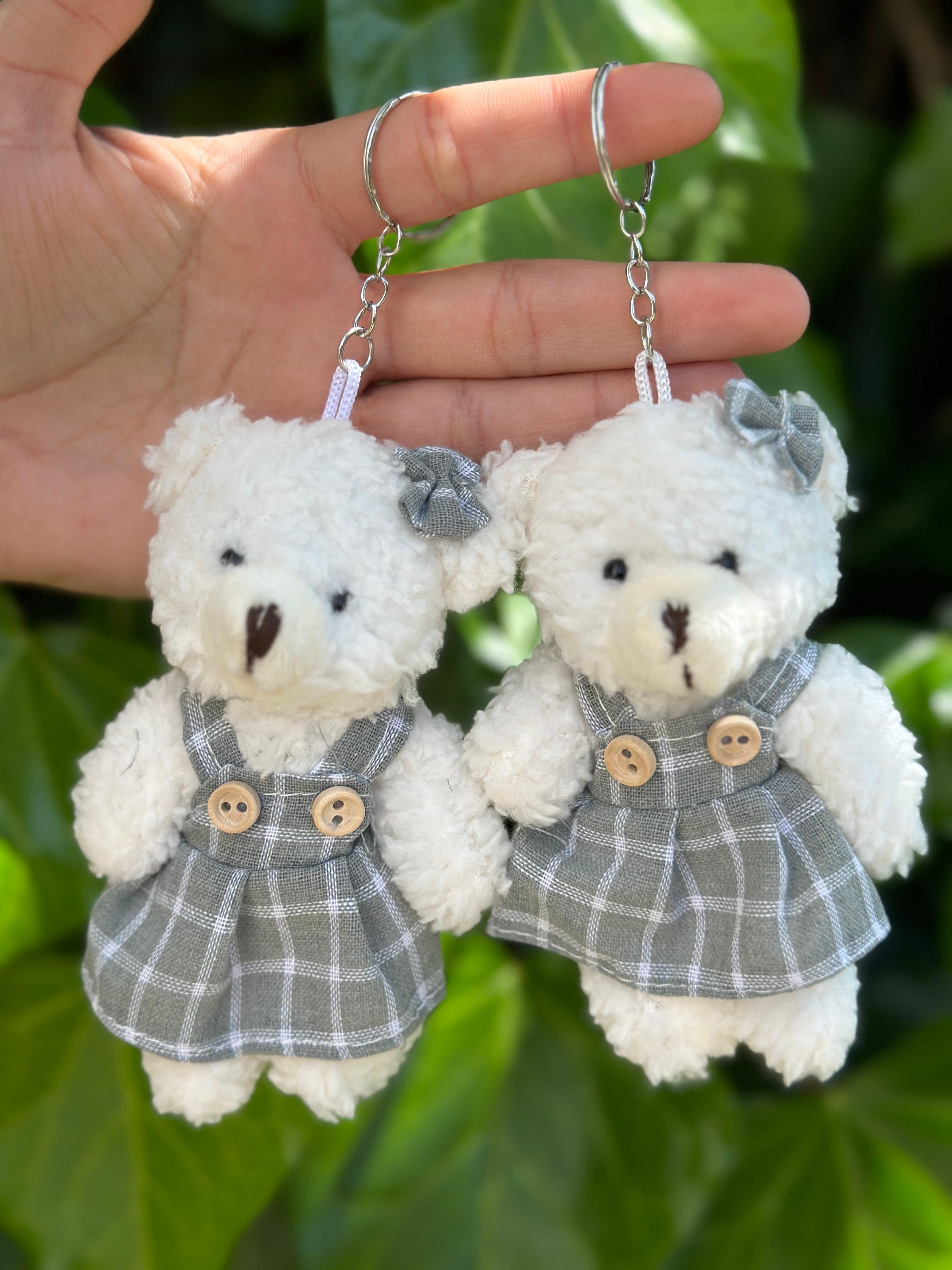 Su Yeşili  Ekoseli  Elbiseli Peluş Kız   Ayıcık Anahtarlık 12'li Paket
