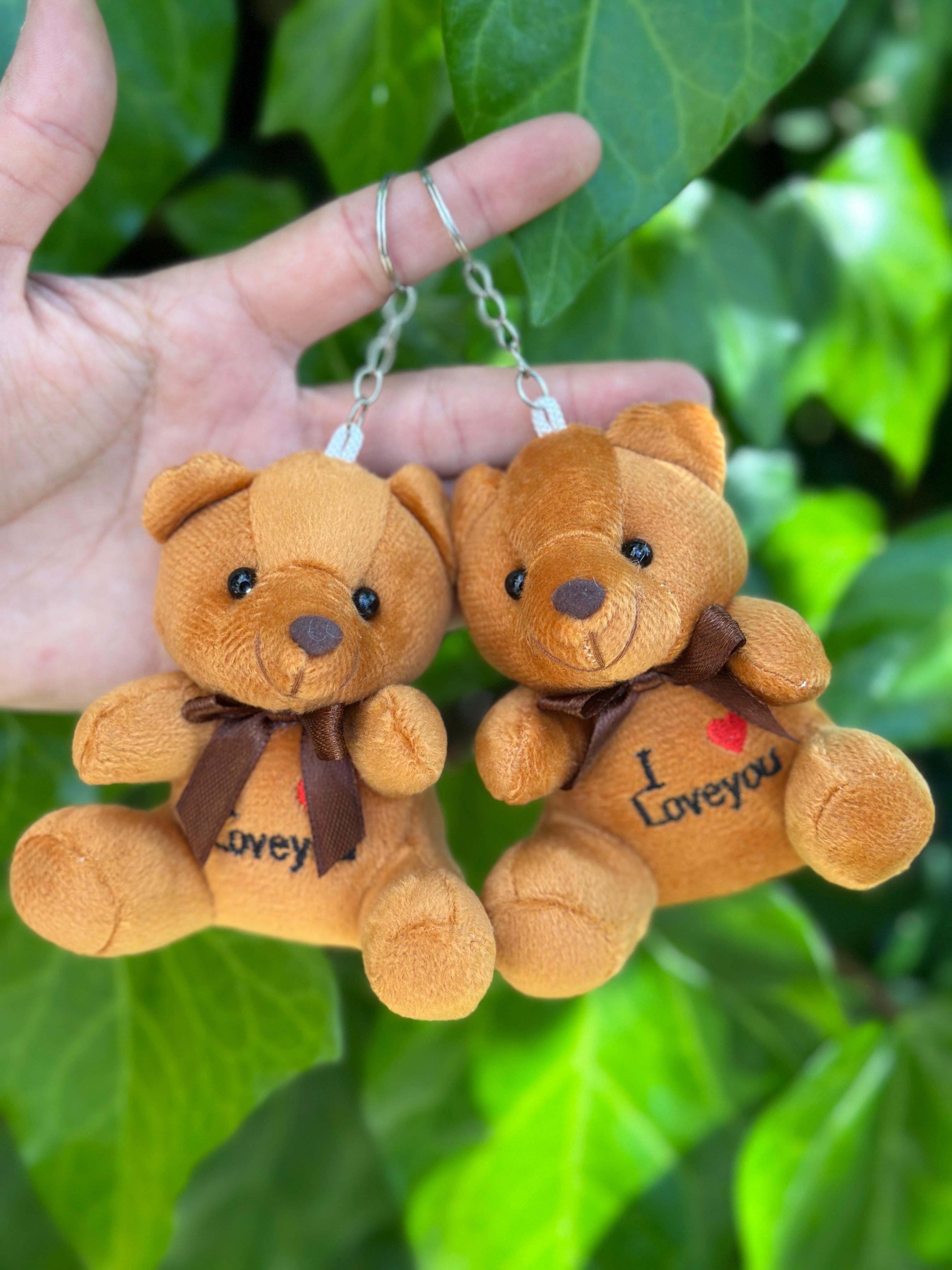 Ayıcık Pelüş Anahtarlık 10 cm "i Love You" Yazılı Koyu Kahve Rengi (12'li Paket)