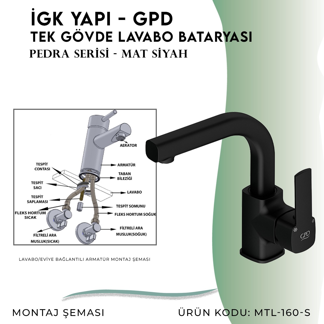 İGK YAPI - GPD MTL160-S Pedra Tek Gövde Lavabo Bataryası