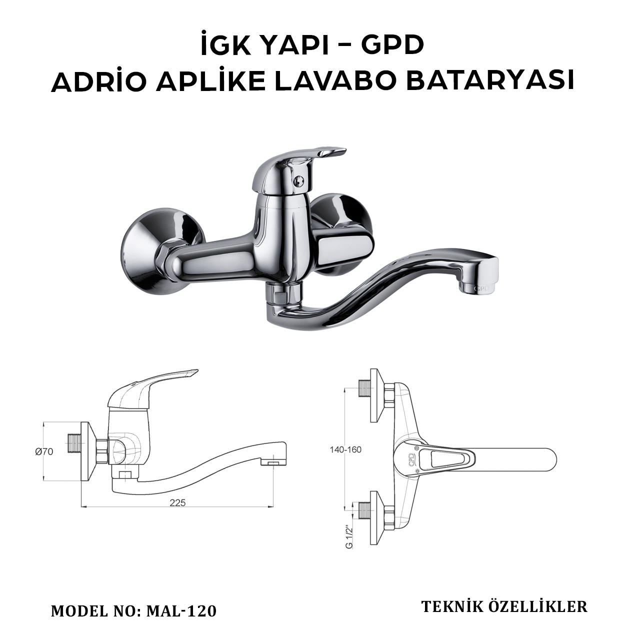 İGK YAPI - GPD MAL120 ADRİO APLİKE LAVABO BATARYASI