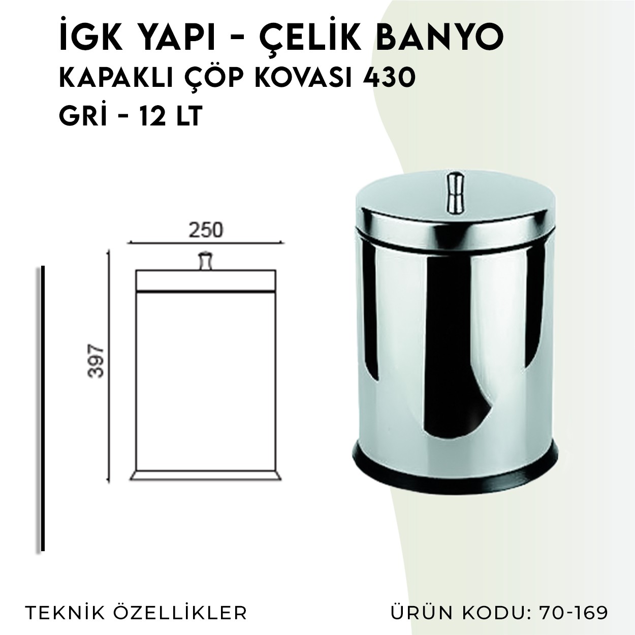 İGK YAPI | CLK Banyo Kapaklı Çöp Kovası 12lt 430 (70-169)