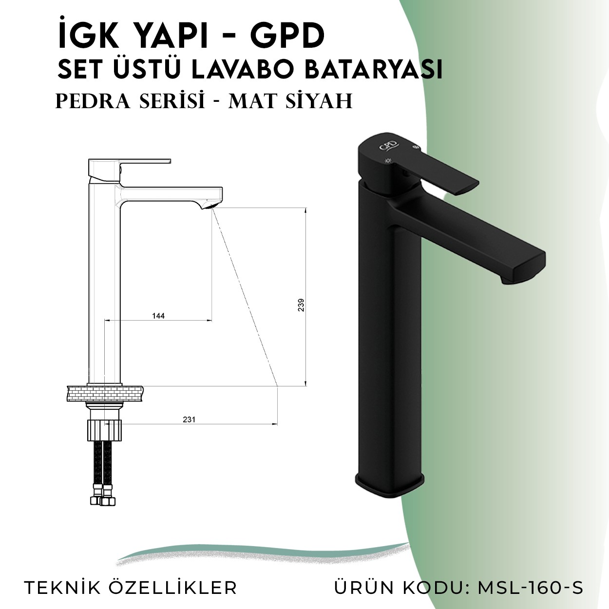 İGK YAPI - GPD MSL160-S Pedra Set Üstü Lavabo Bataryası