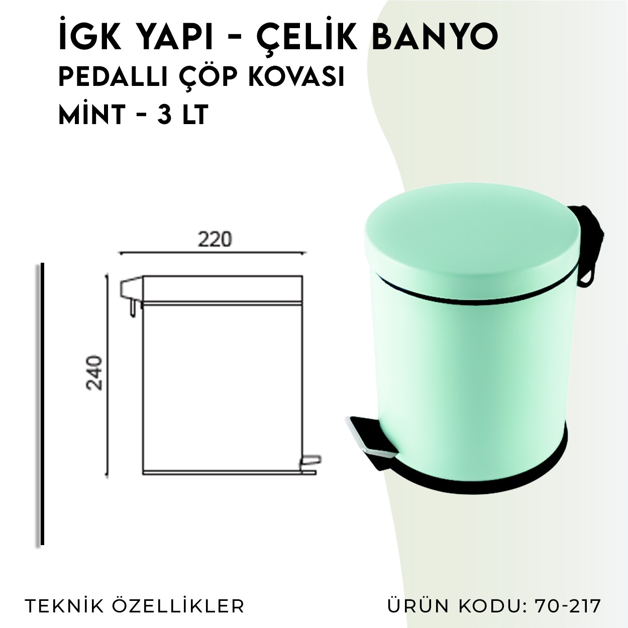 İGK YAPI | CLK Banyo Pedallı Çöp Kovası 3lt Mint (70-217)