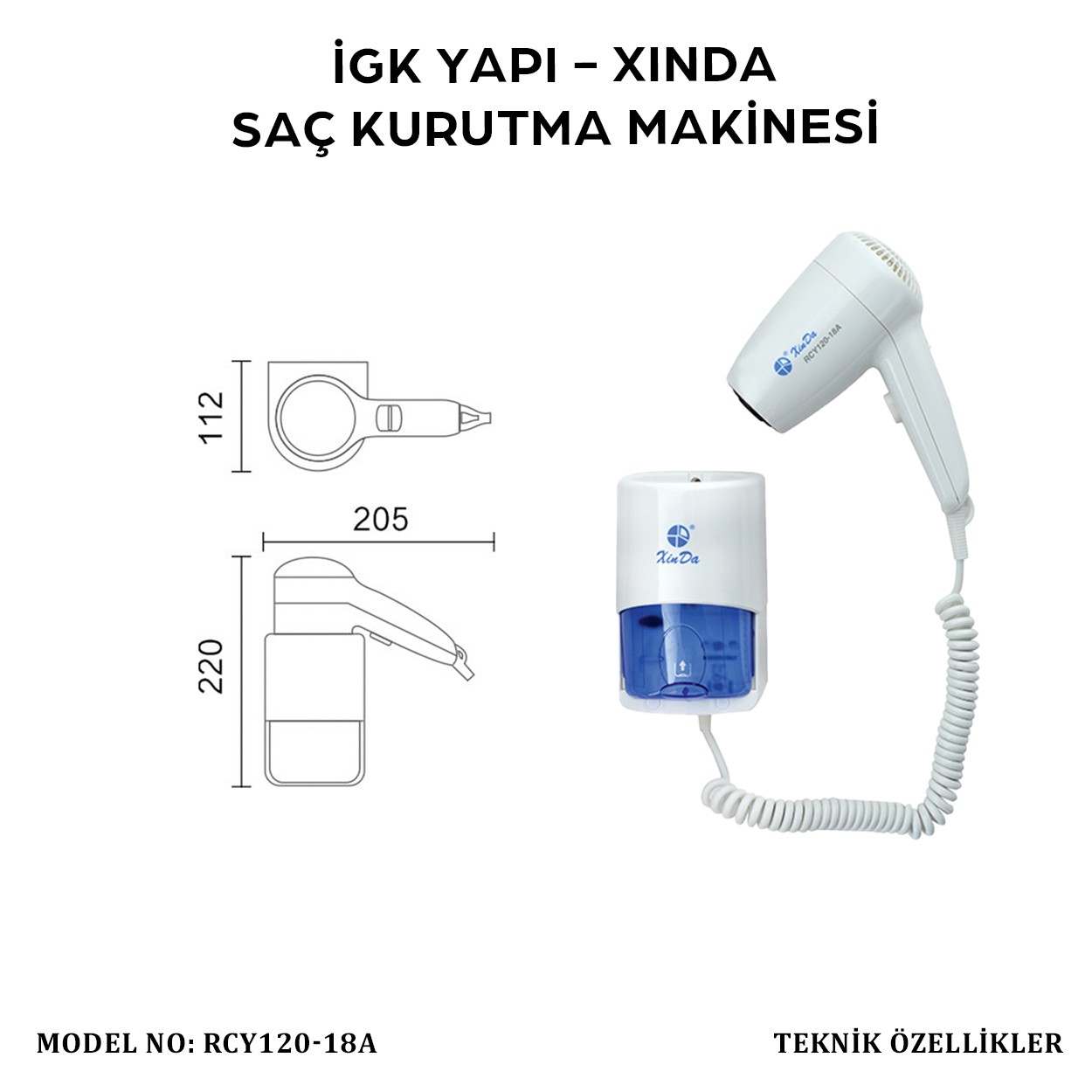 İGK YAPI – XINDA KORDONLU SAÇ KURUTMA MAKİNESİ (RCY120-18A)