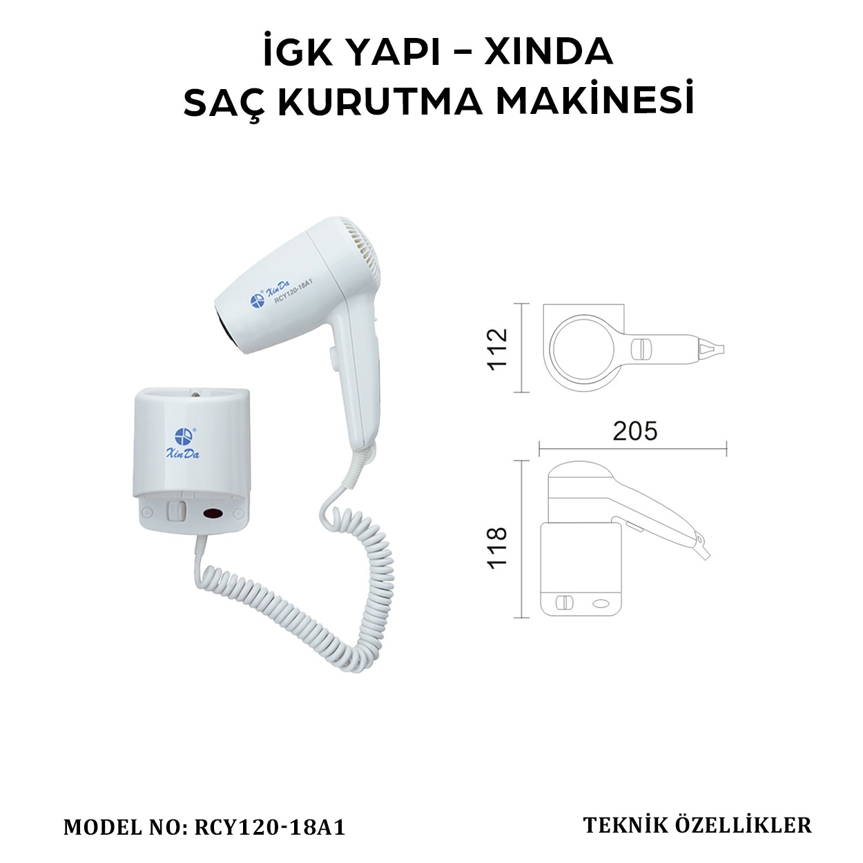 İGK YAPI – XINDA KORDONLU SAÇ KURUTMA MAKİNESİ (RCY120-18A1)