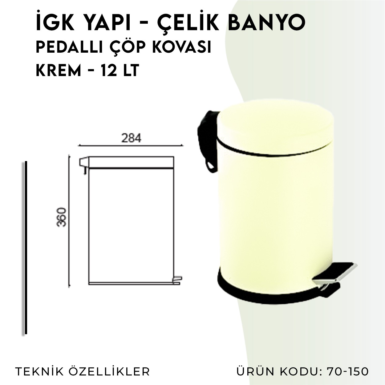 İGK YAPI | CLK Banyo Pedallı Çöp Kovası 12lt Krem (70-150)