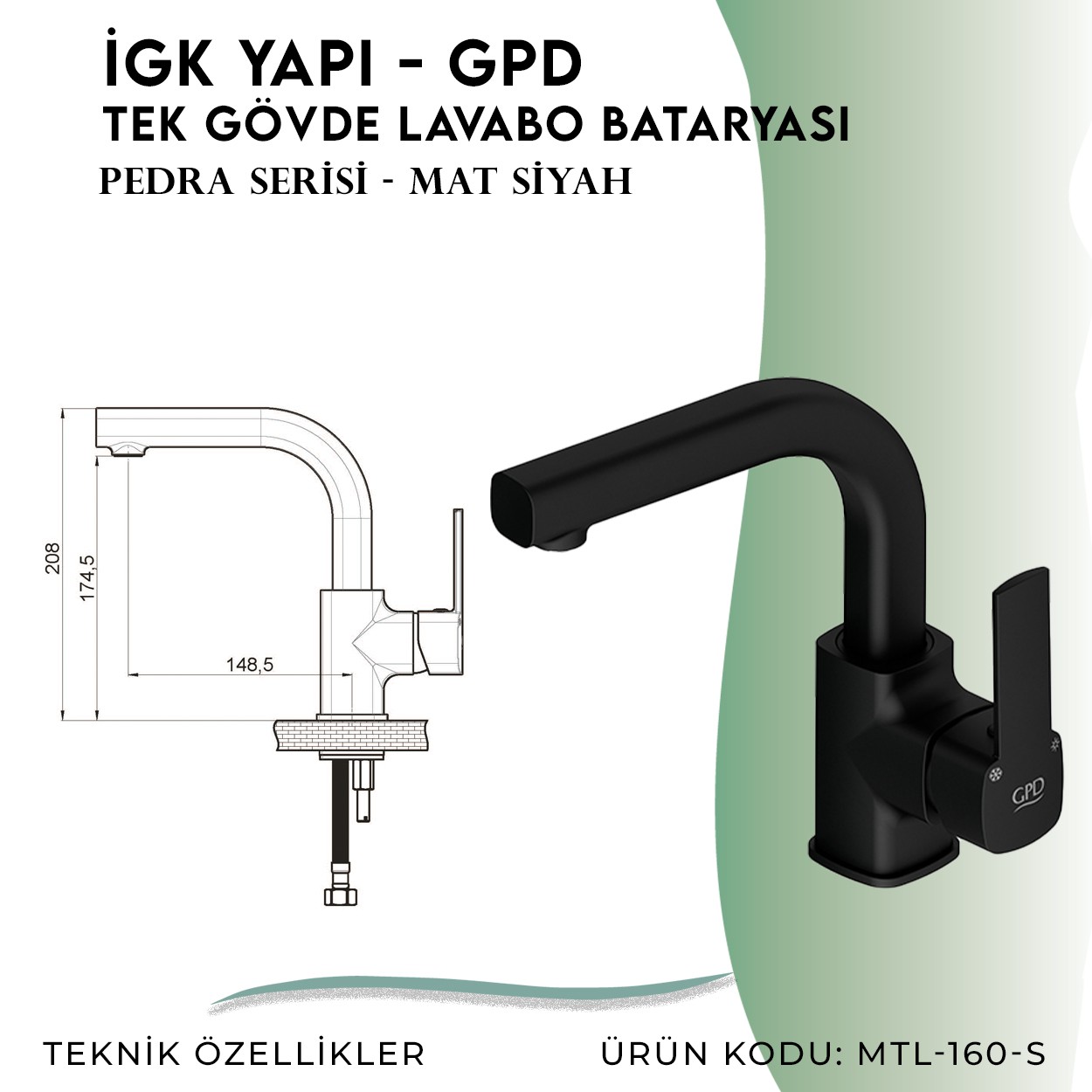 İGK YAPI - GPD MTL160-S Pedra Tek Gövde Lavabo Bataryası