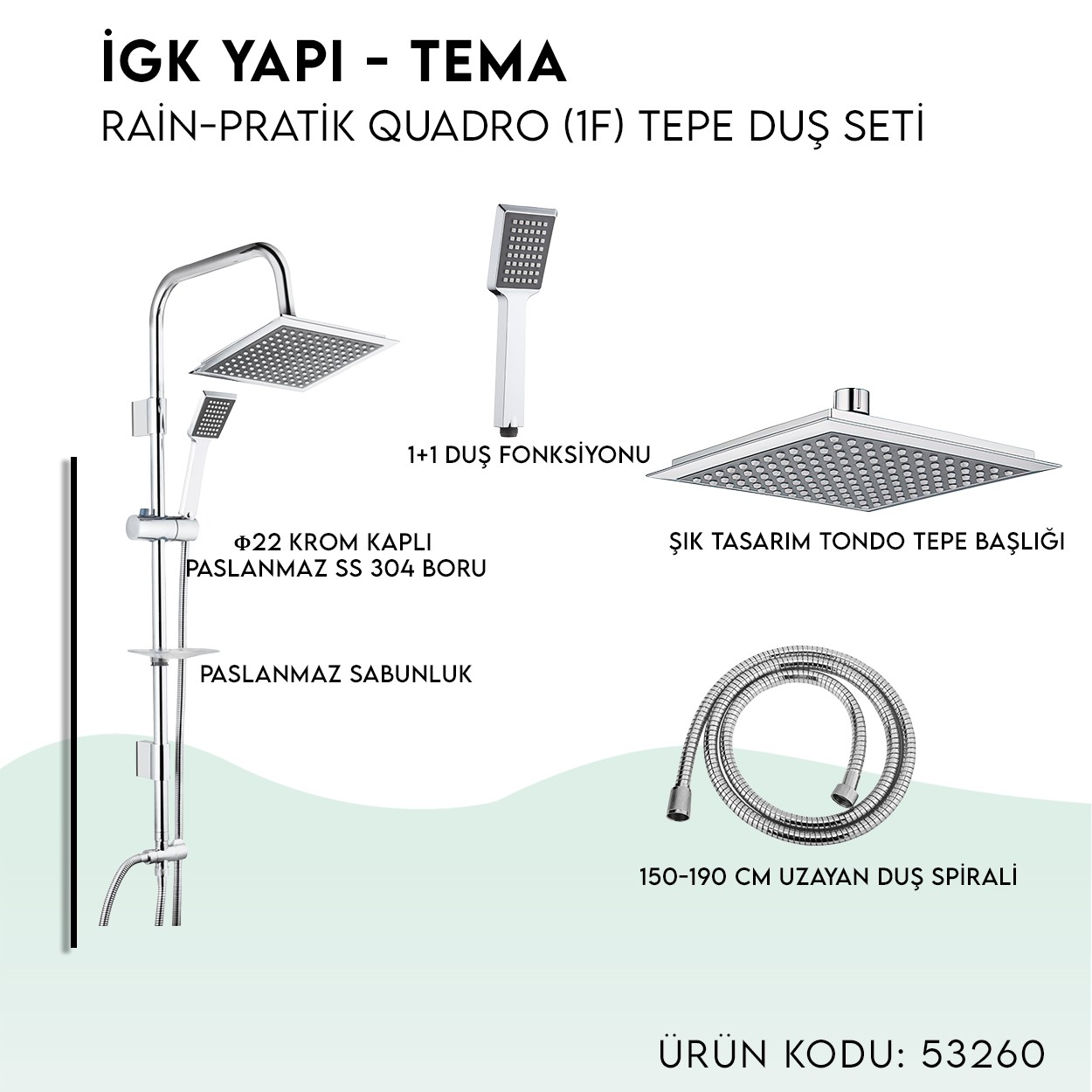 İGK YAPI - TEMA Rain-Pratik Quadro (1f) Tepe Duş Setleri (53260)