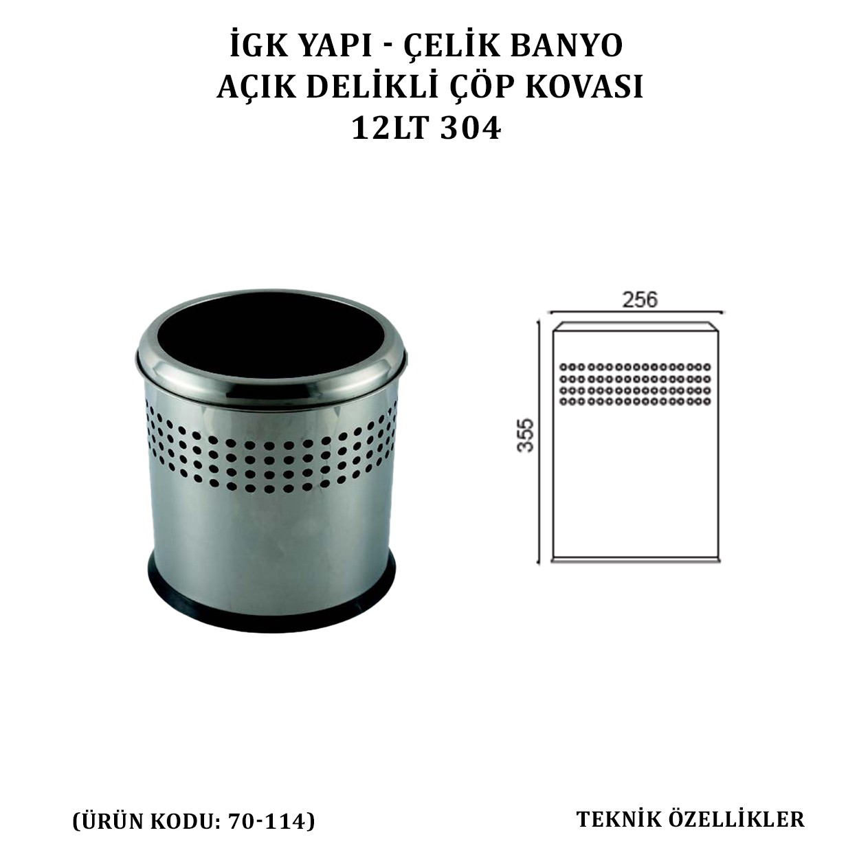 İGK YAPI - ÇELİK BANYO AÇIK DELİKLİ ÇÖP KOVASI 3LT GRİ (70-114)