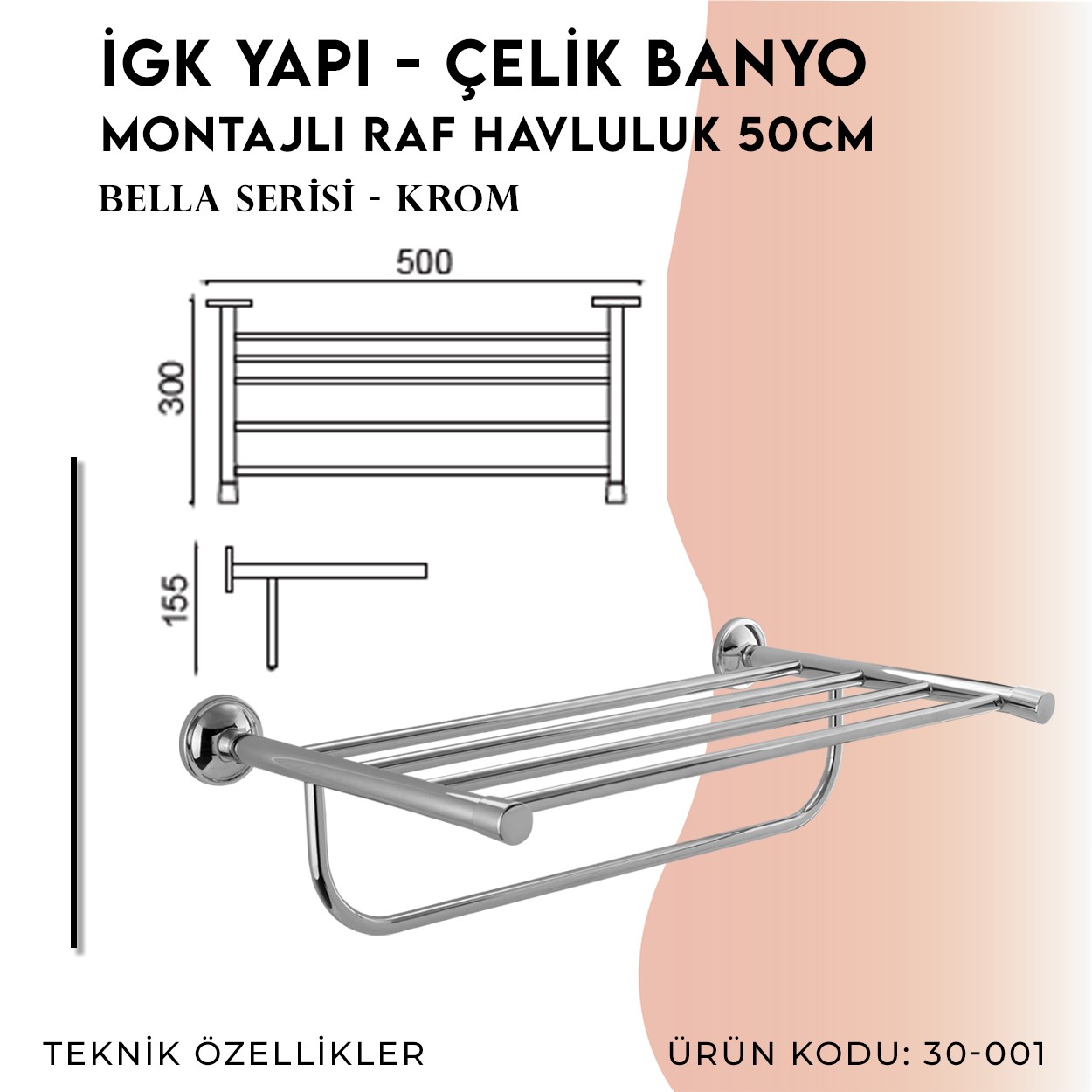İGK YAPI | CLK Banyo Bella Montajlı Raf Havluluk 50cm (30-001)