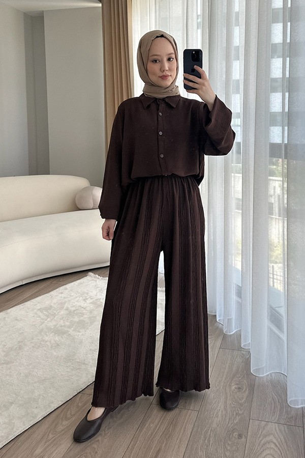 Tunik Pantolon İkili Takım Hafif Kumaş Kahverengi Piliseli