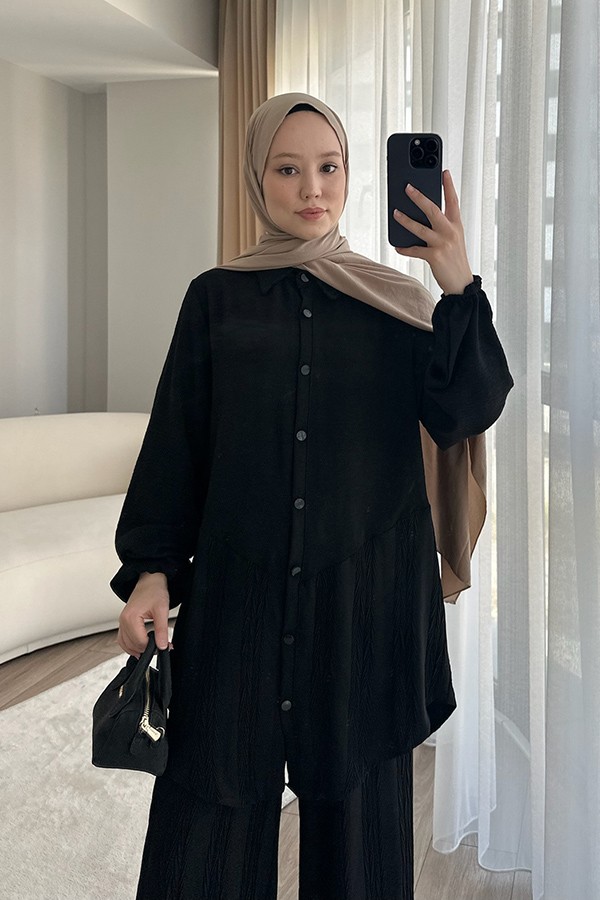 Kadın Pantolon Tunik İkili Takım Siyah Piliseli