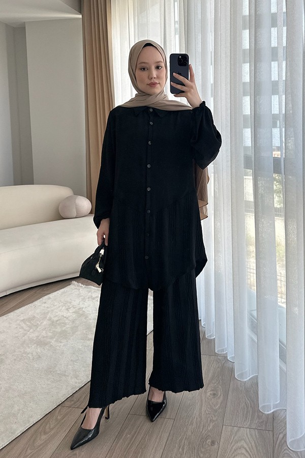 Kadın Pantolon Tunik İkili Takım Siyah Piliseli