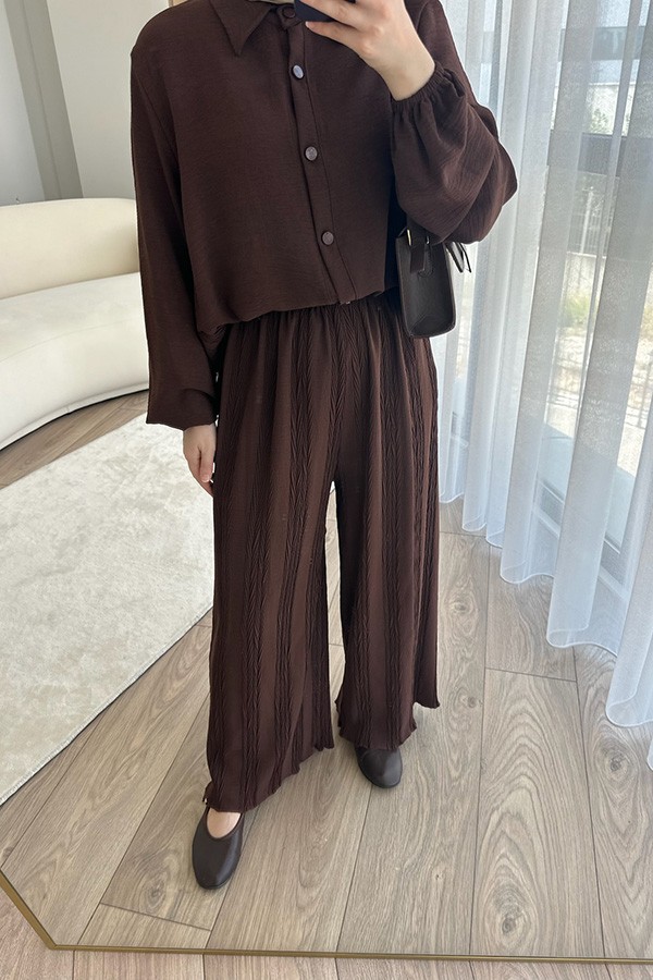 Tunik Pantolon İkili Takım Hafif Kumaş Kahverengi Piliseli
