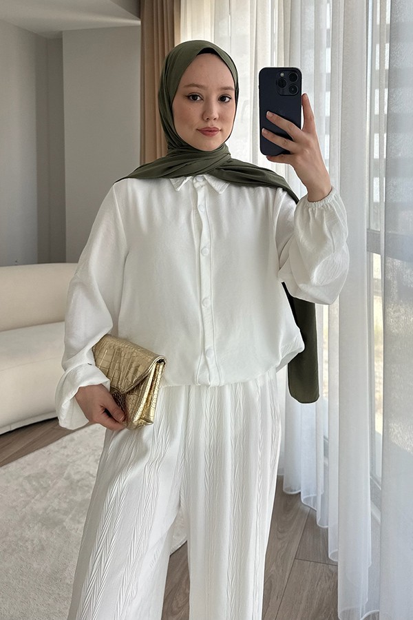 Kadın İkili Takım Hafif Kumaş Beyaz Piliseli Model Alt