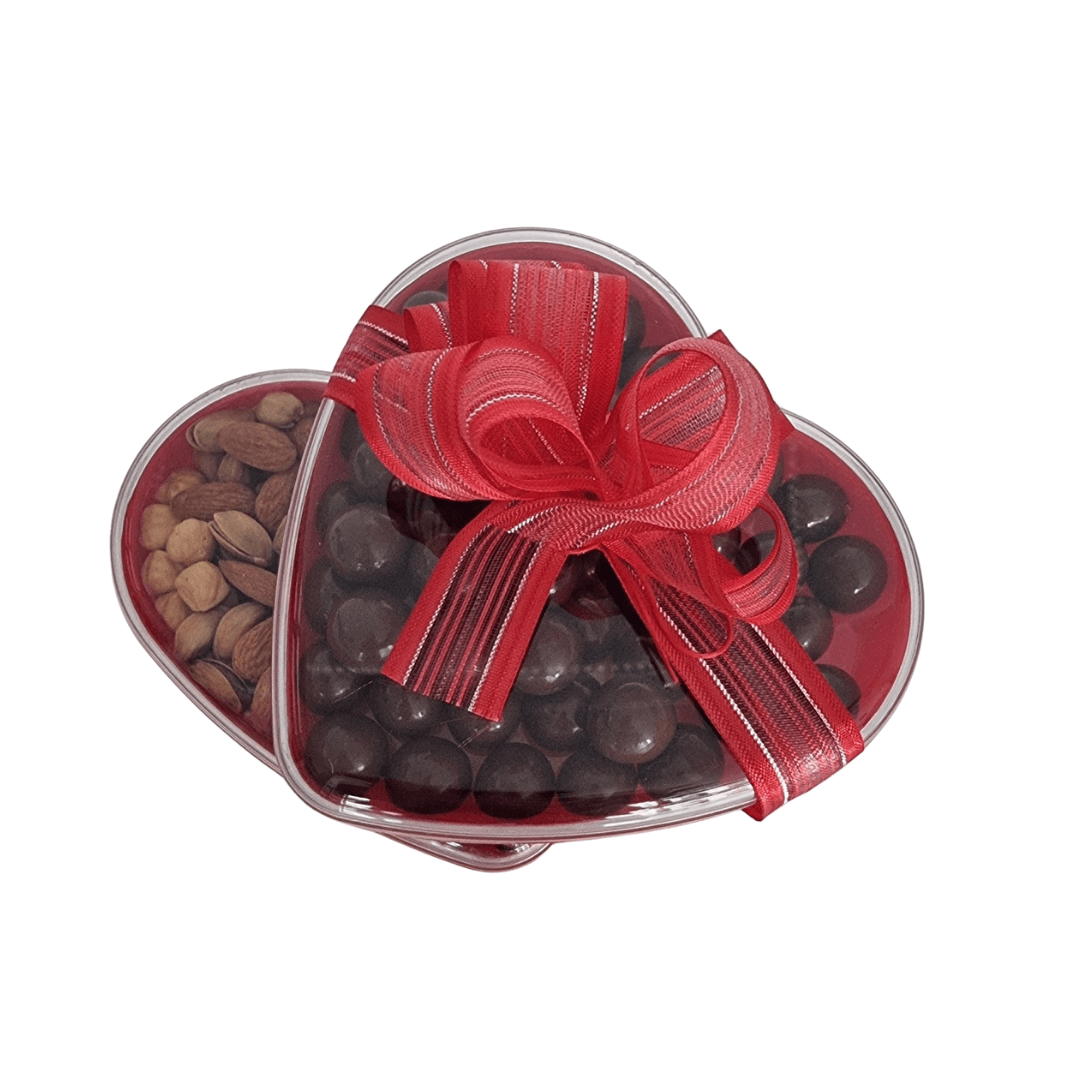 Kırmızı Kalp Kutu İçinde Çikolatalı Fındık Draje ve Karışık Kuruyemiş