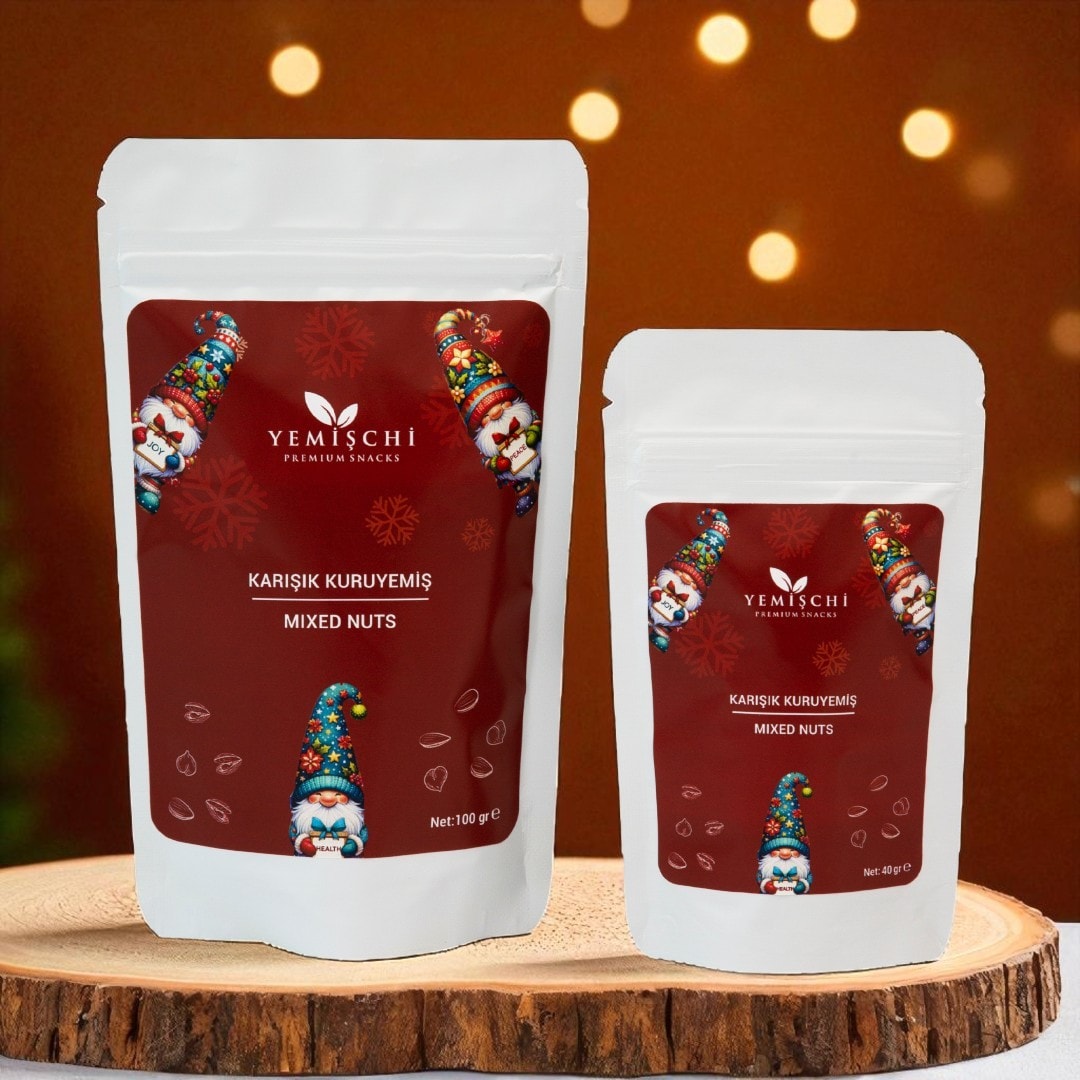Yılbaşı Çerezi – Karışık Kuruyemiş – Gnome – Beyaz Doypack