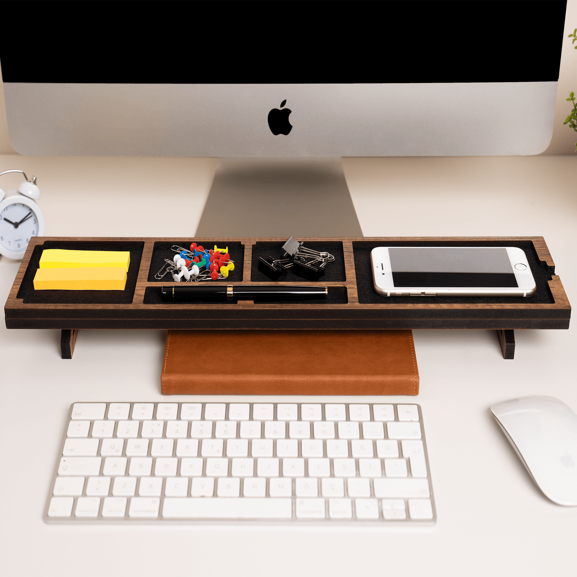 Ahşap Masaüstü Organizer Ofis Masa Düzenleyici Kalemlik Telefon Şarj Standı