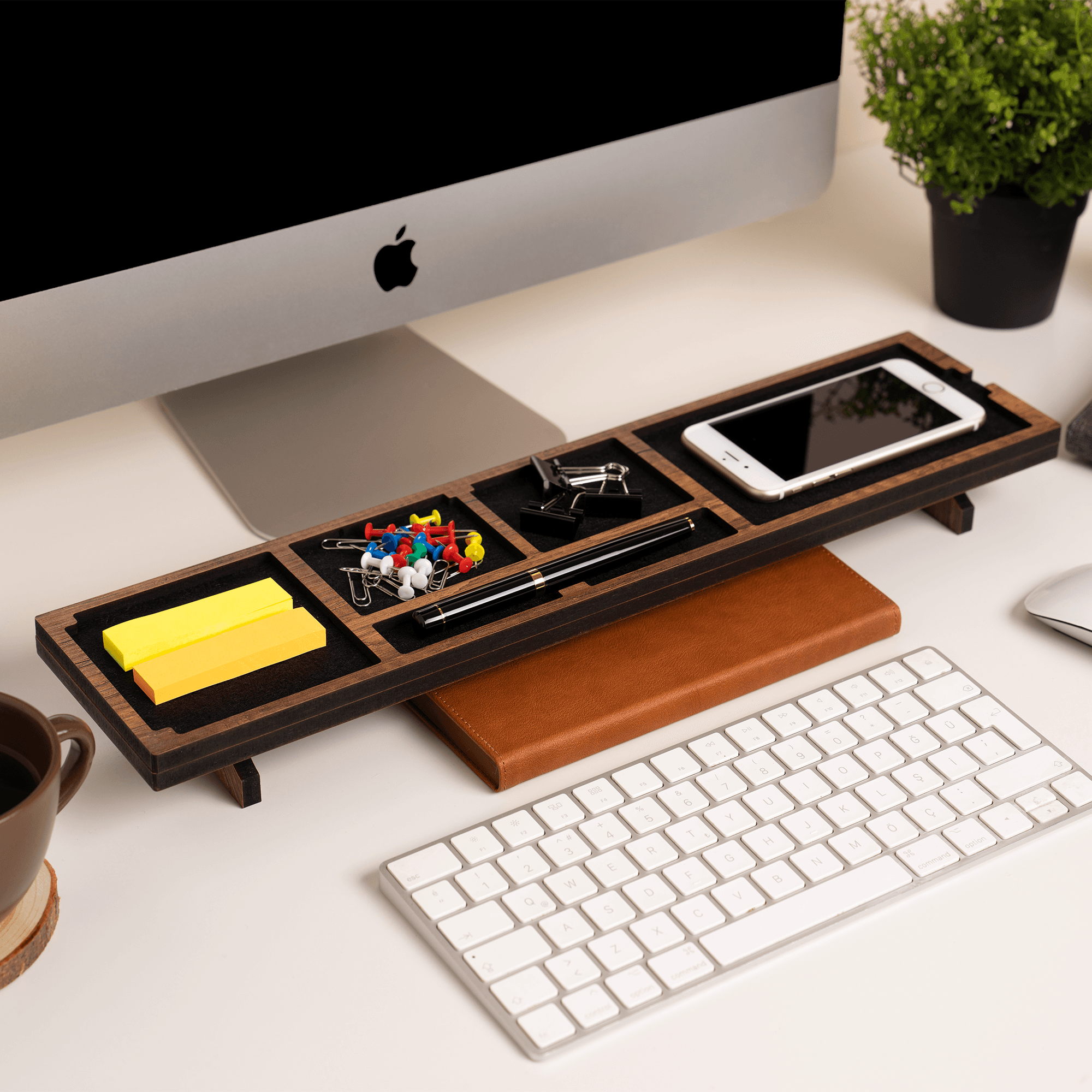 Ahşap Masaüstü Organizer Ofis Masa Düzenleyici Kalemlik Telefon Şarj Standı