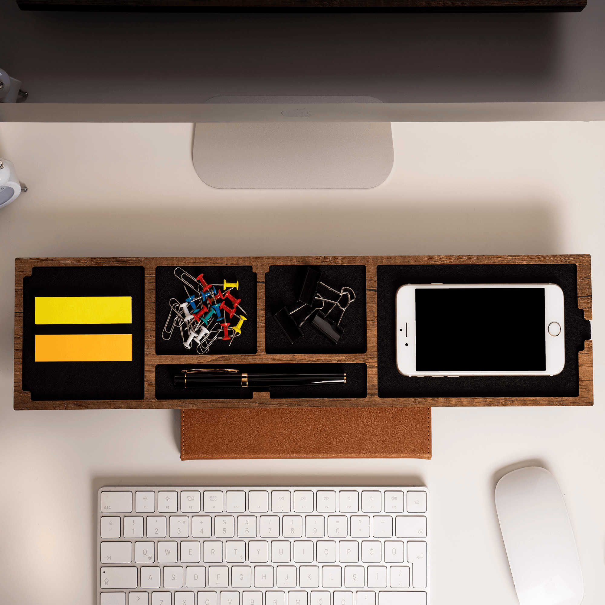 Ahşap Masaüstü Organizer Ofis Masa Düzenleyici Kalemlik Telefon Şarj Standı