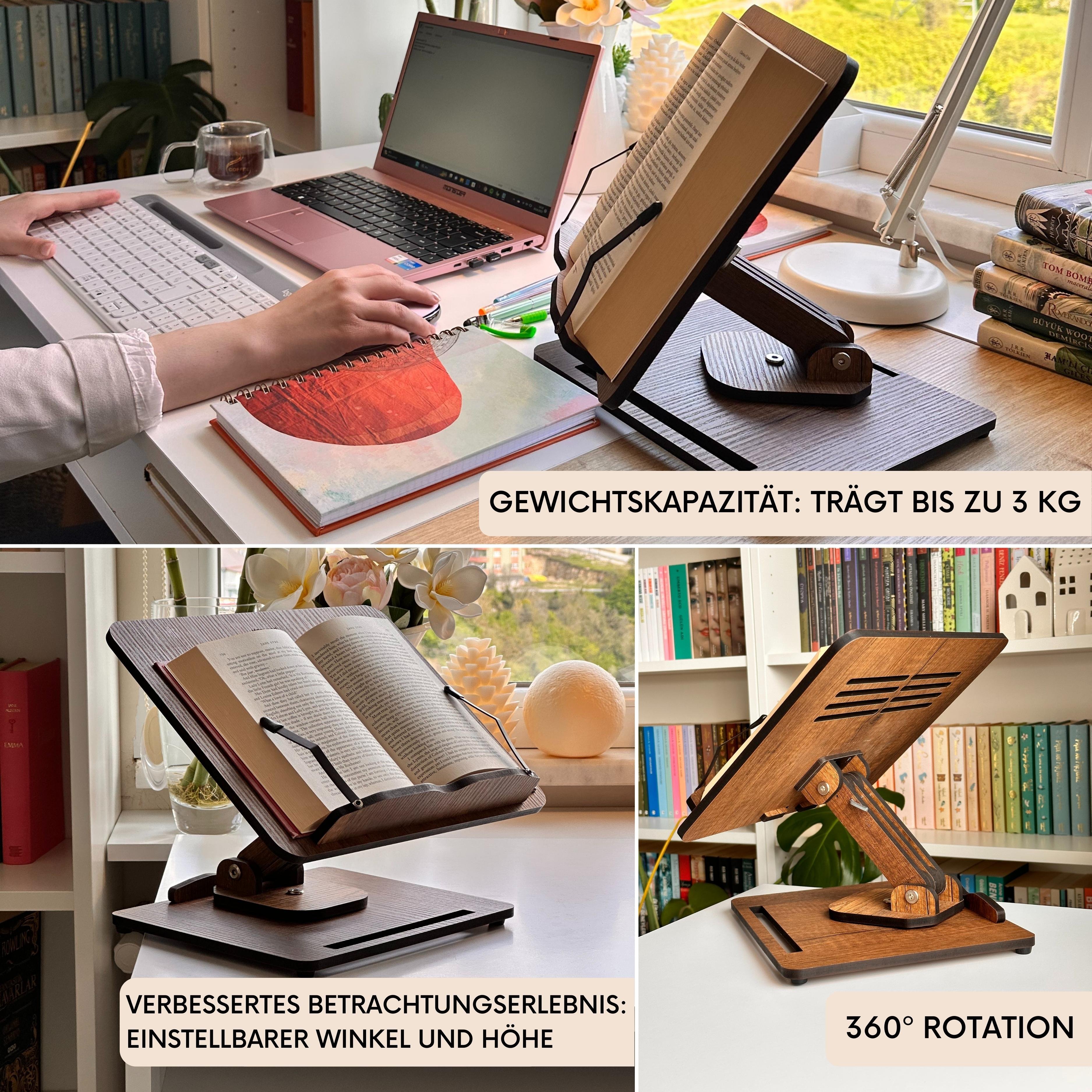 Buchständer zum Lesen 360° verstellbar, Hölzerner Laptop-Ständer, Kochbuchhalter, Notenständer