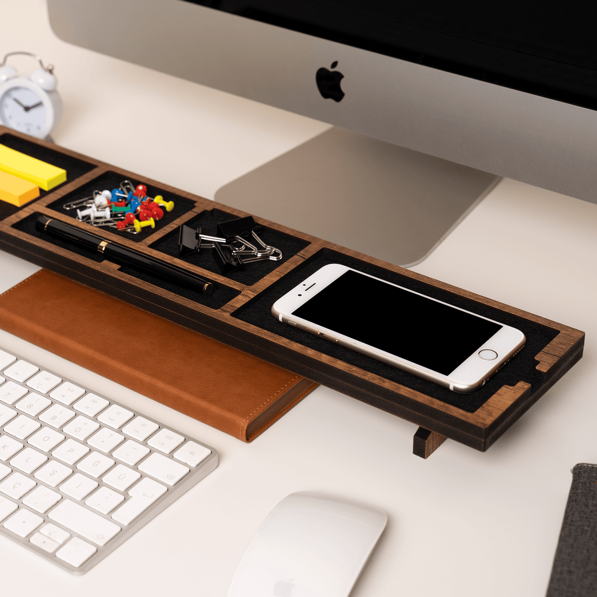 Ahşap Masaüstü Organizer Ofis Masa Düzenleyici Kalemlik Telefon Şarj Standı