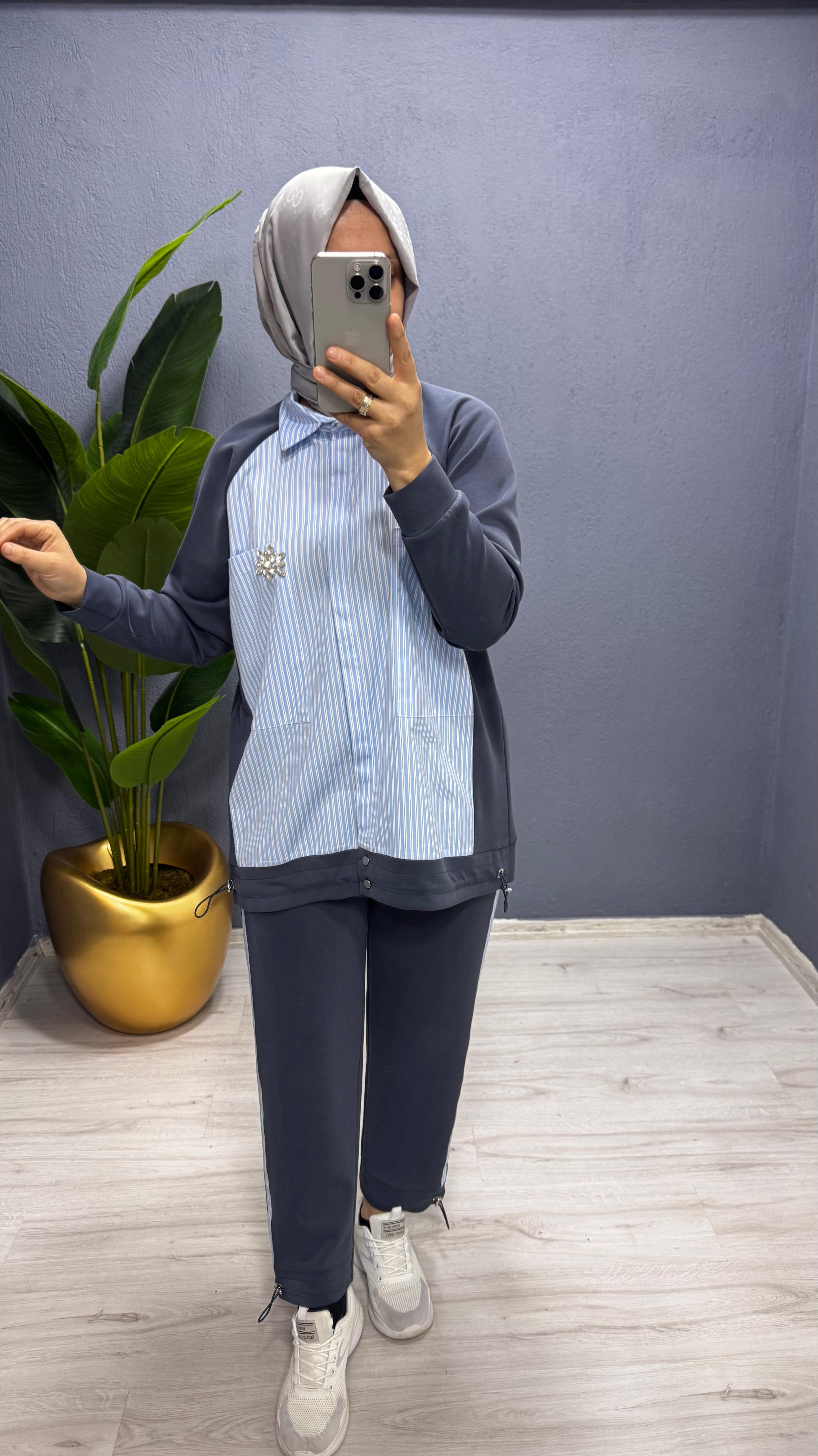 Tığ Triko  Çizgili Poplin Mix Pantolonlu Takım TKM.3065.01