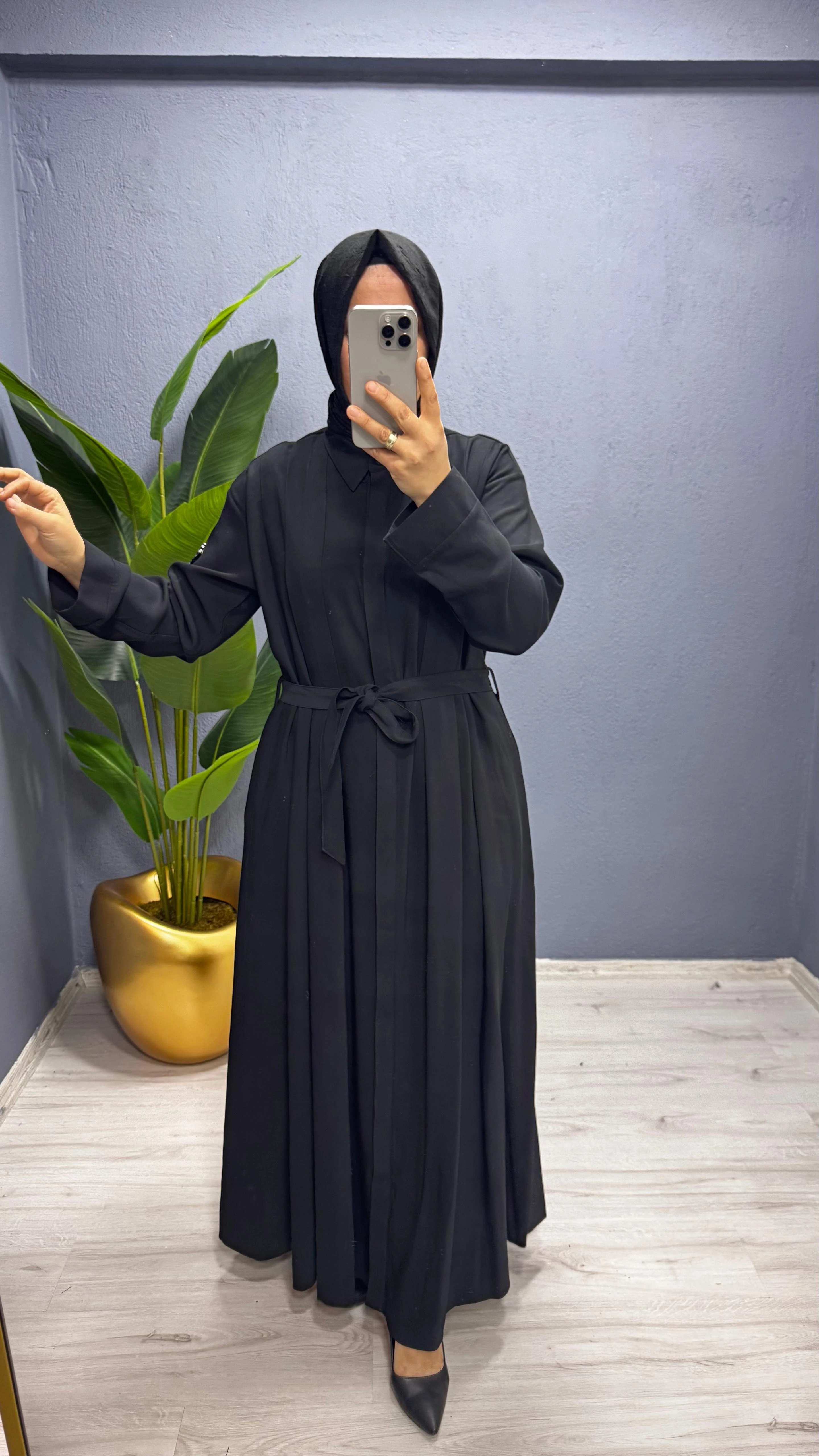 Ceremony Kolu Taş Detay Önden Düğmeli Belden Kuşaklı Gömlek  Elbise (6717)