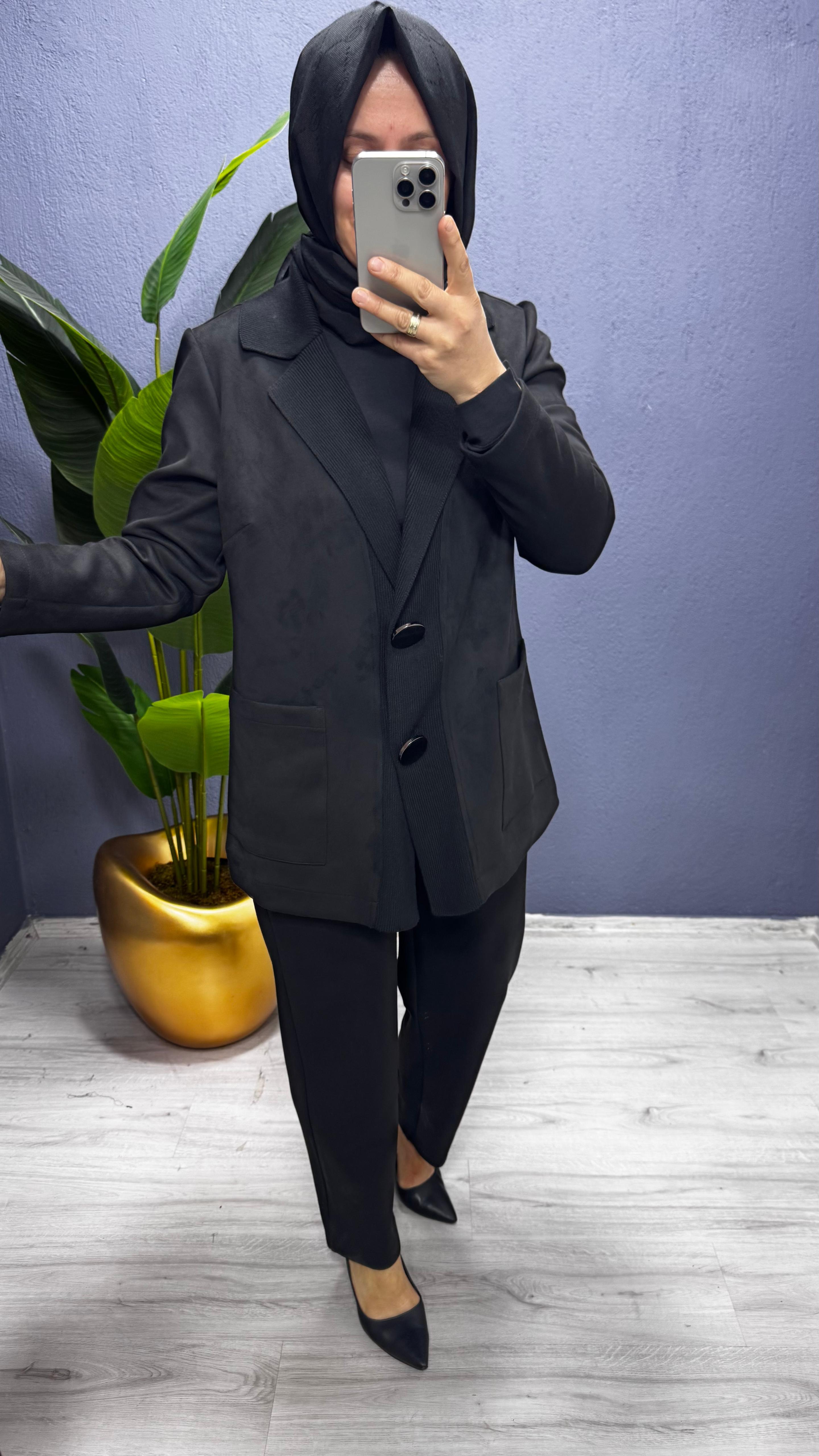 Tığ Triko Yakalı Kolu Nakış ve İşlemeli Süet Pantolonlu  TKM.5036.01