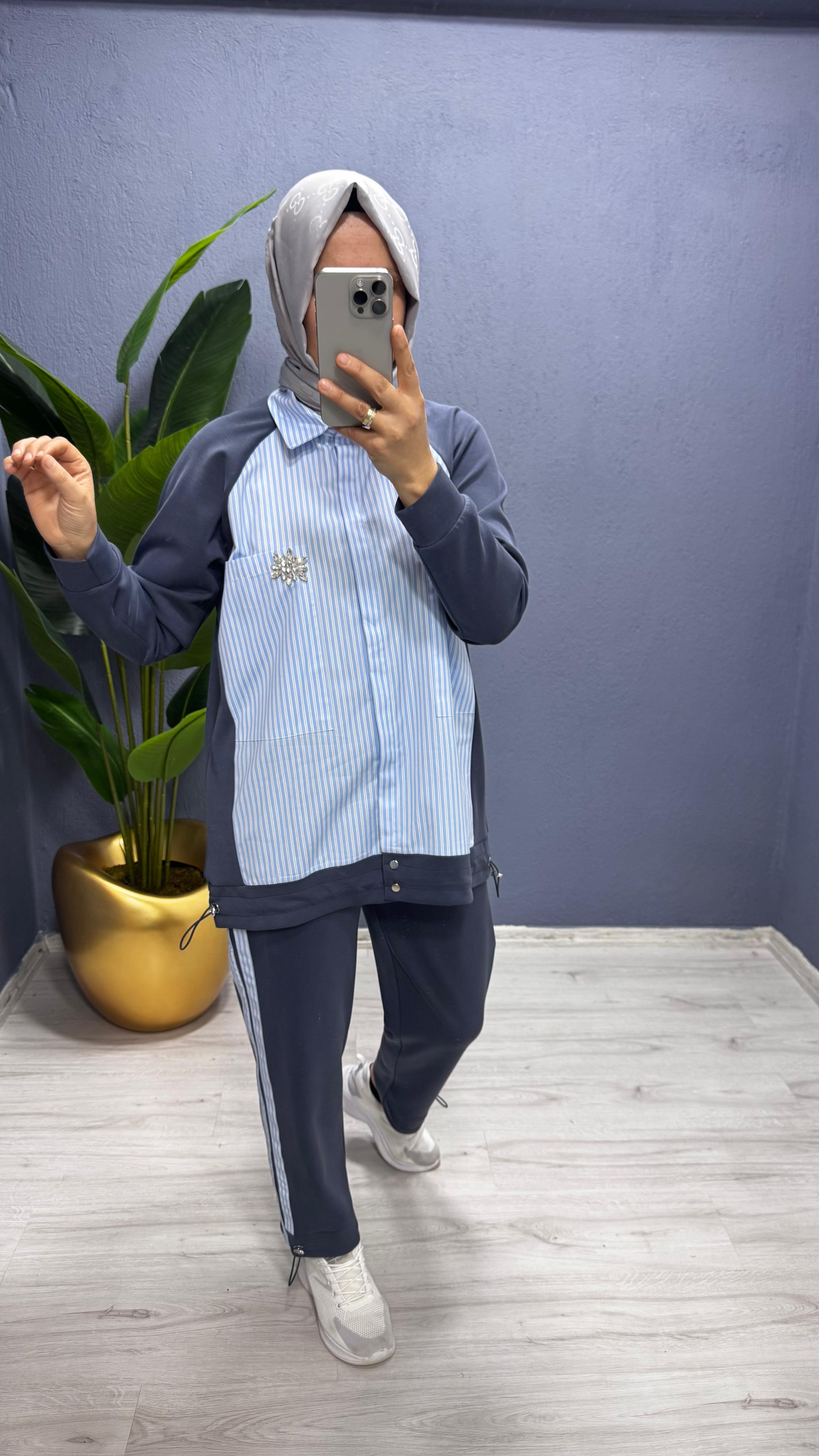 Tığ Triko  Çizgili Poplin Mix Pantolonlu Takım TKM.3065.01