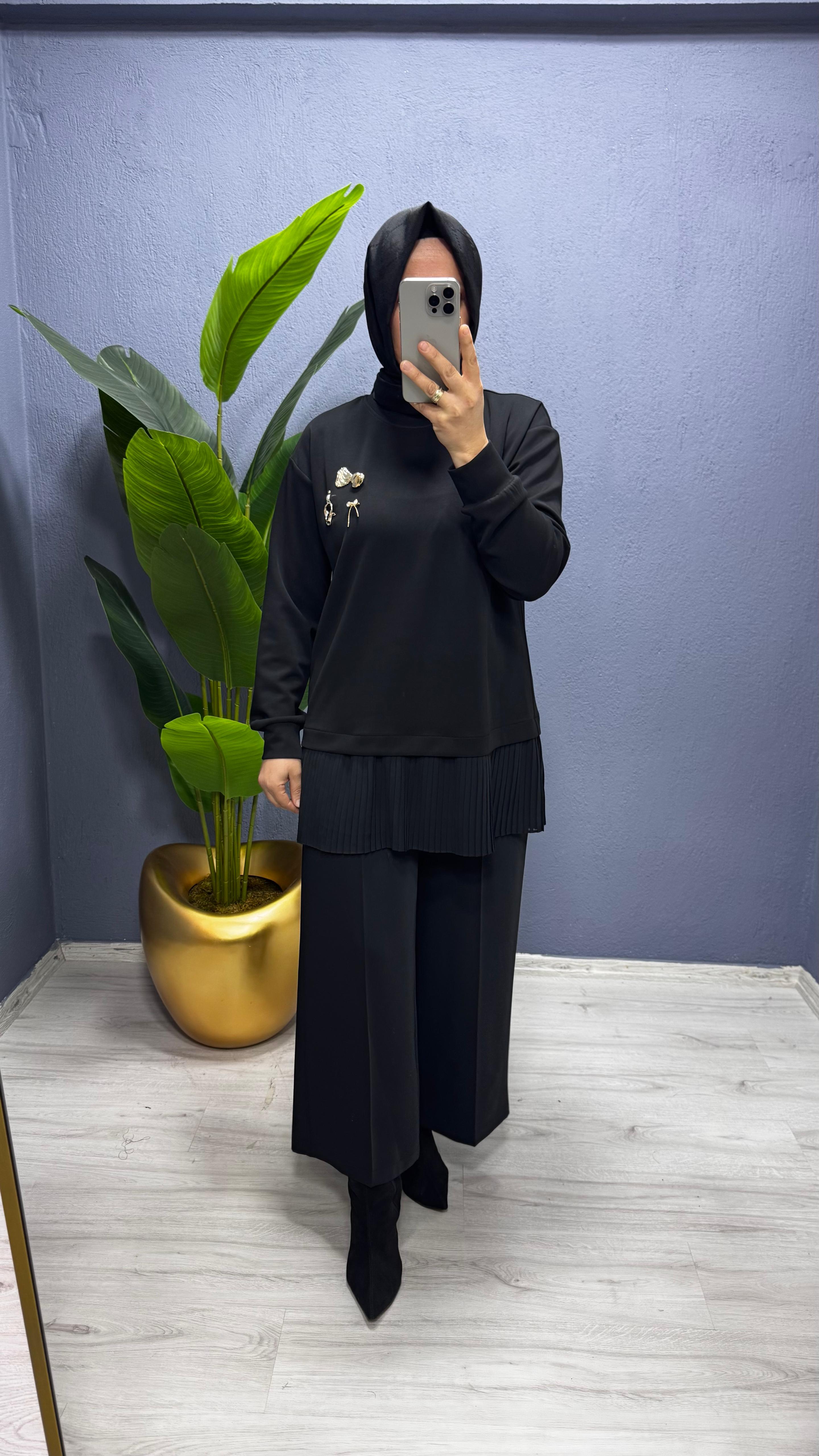 Tığ Triko Plise Detaylı Aksesuarlı TunikTNK.4012.1)