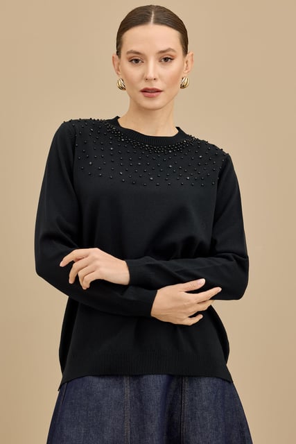 Tığ Triko Boncuk İşlemeli Bluz (BLZ.21725.1)