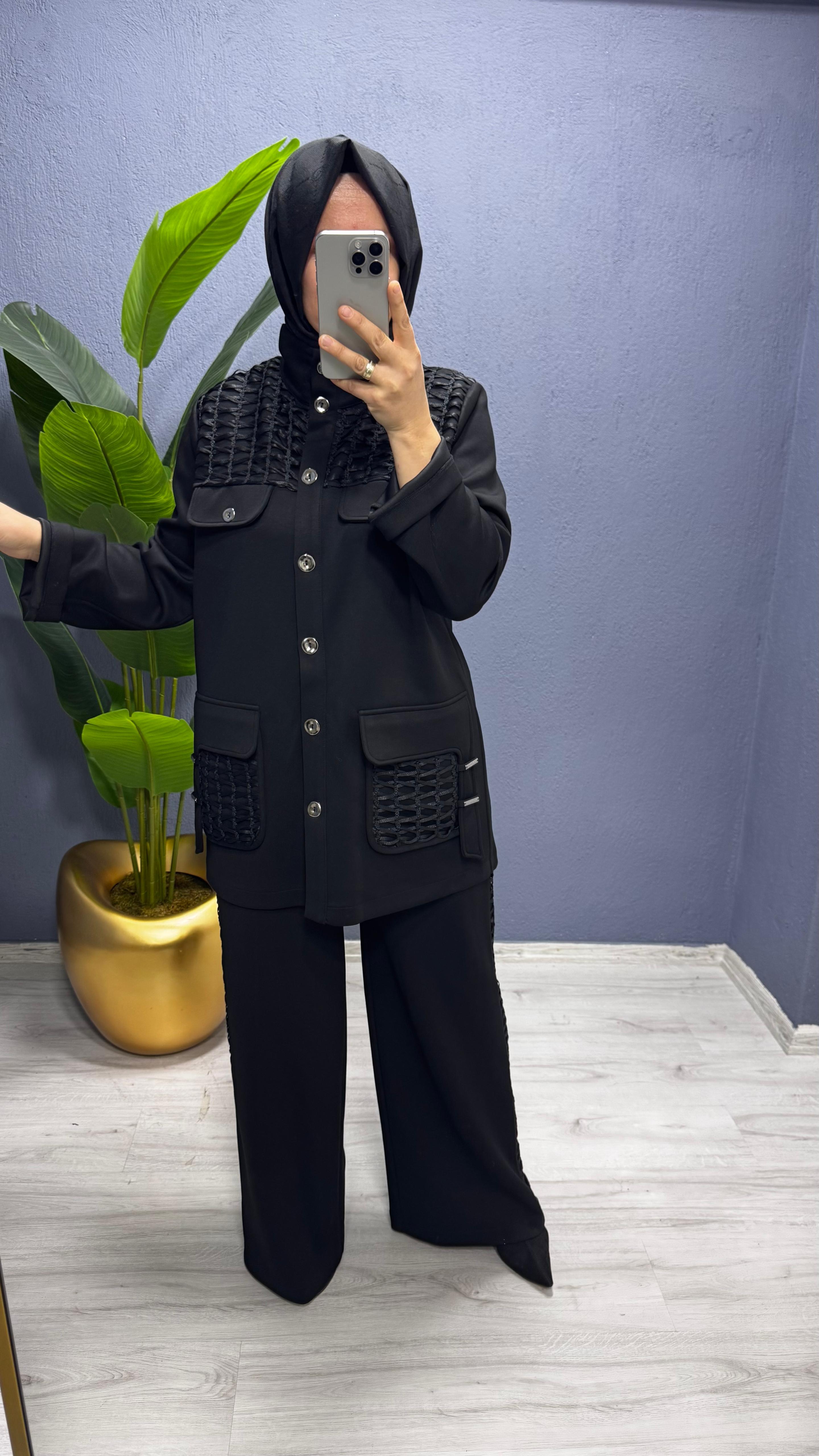 Tığ Triko File Detaylı Cepli  Pantolonlu Takım TKM.5019.01