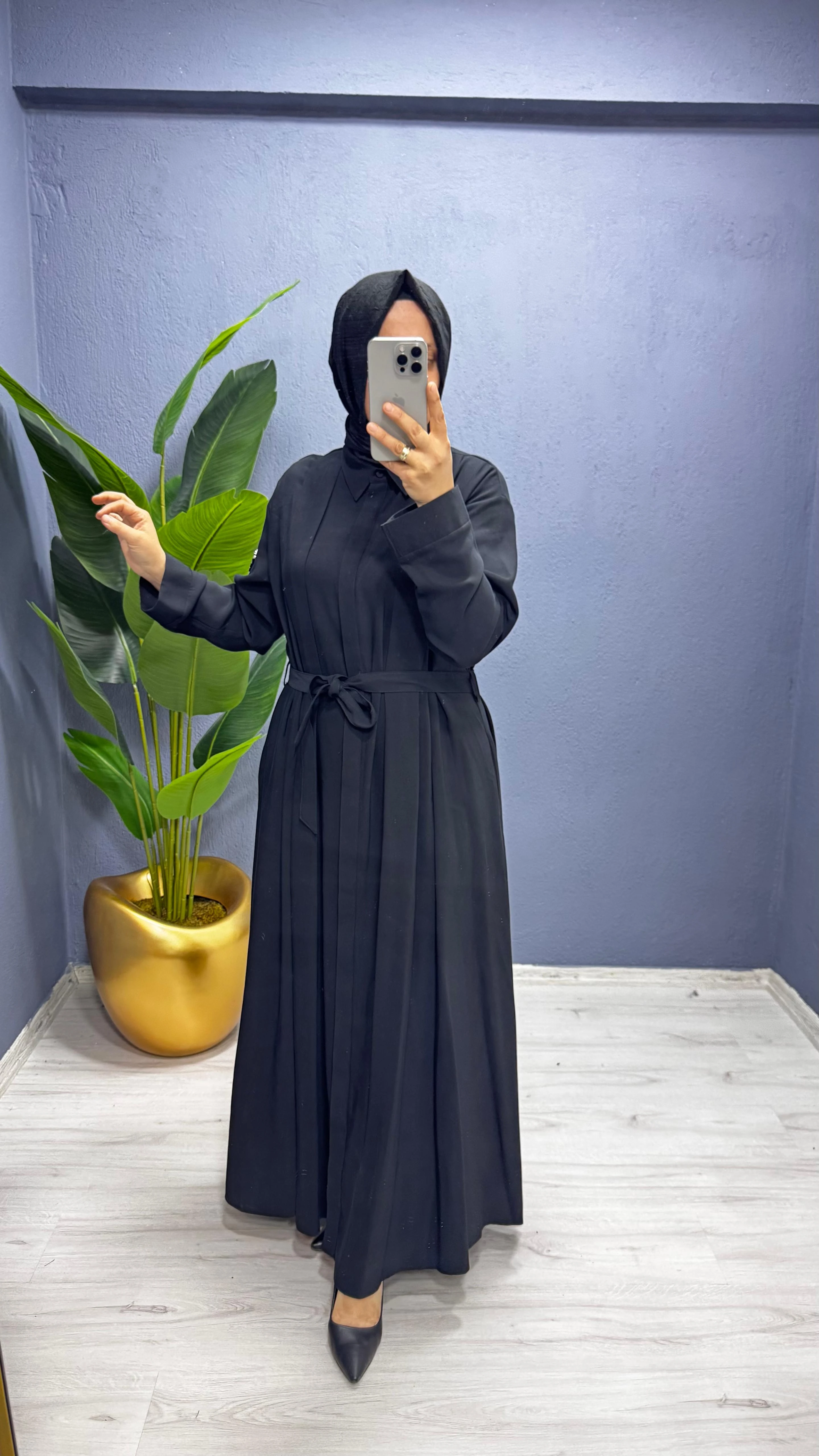 Ceremony Kolu Taş Detay Önden Düğmeli Belden Kuşaklı Gömlek  Elbise (6717)