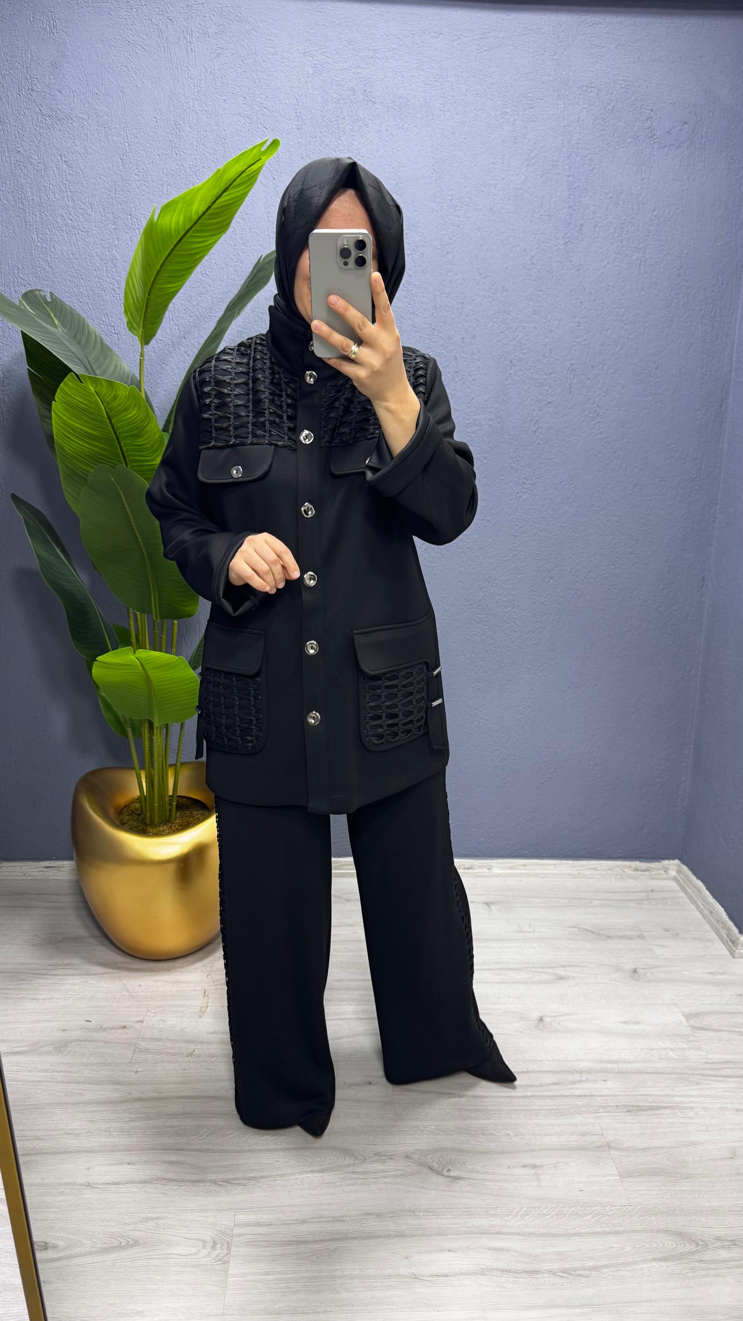 Tığ Triko File Detaylı Cepli  Pantolonlu Takım TKM.5019.01