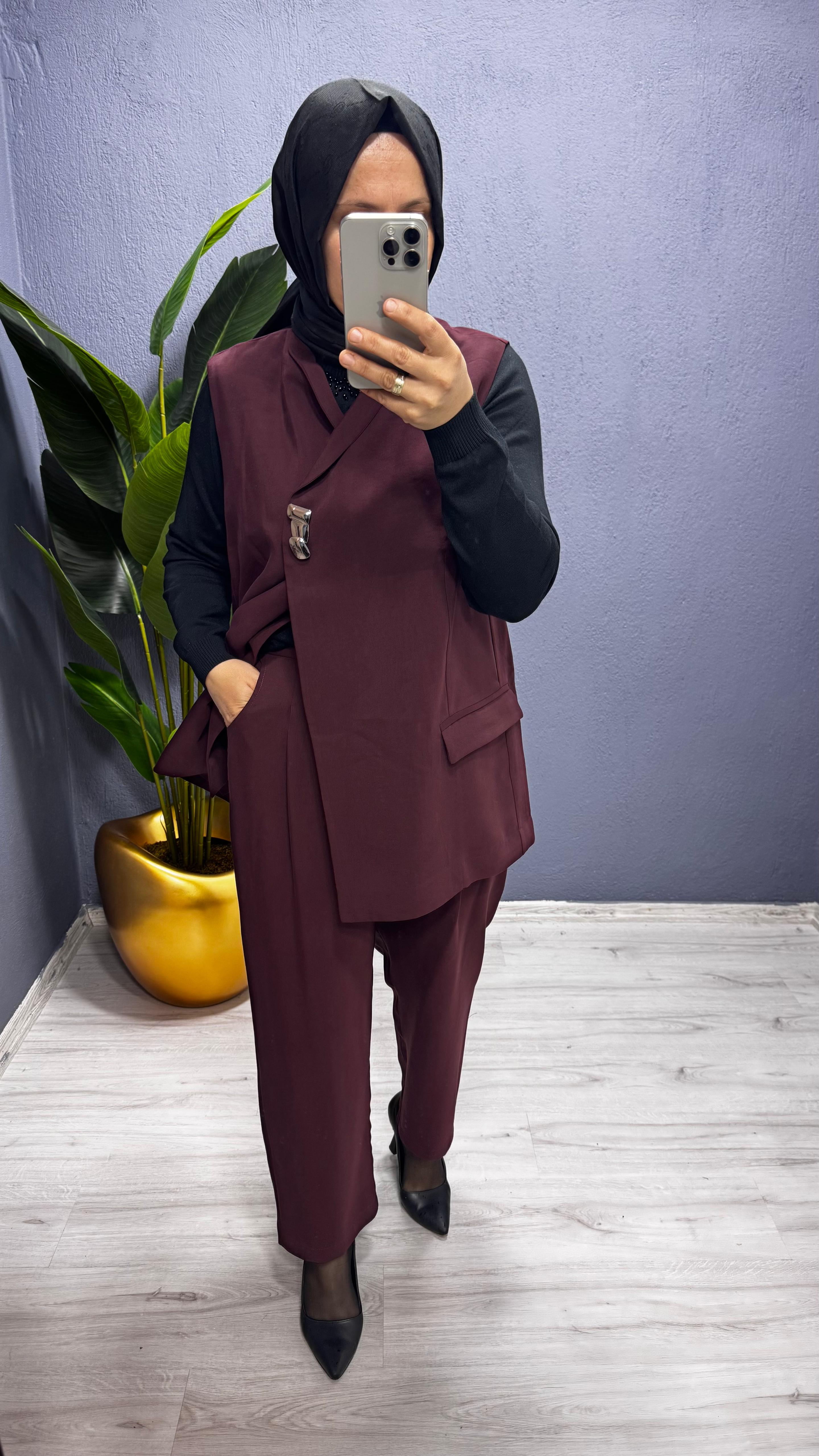 Tığ Triko   Tek Düğmeli Yelek Pantolon Takım TKM.5033.01