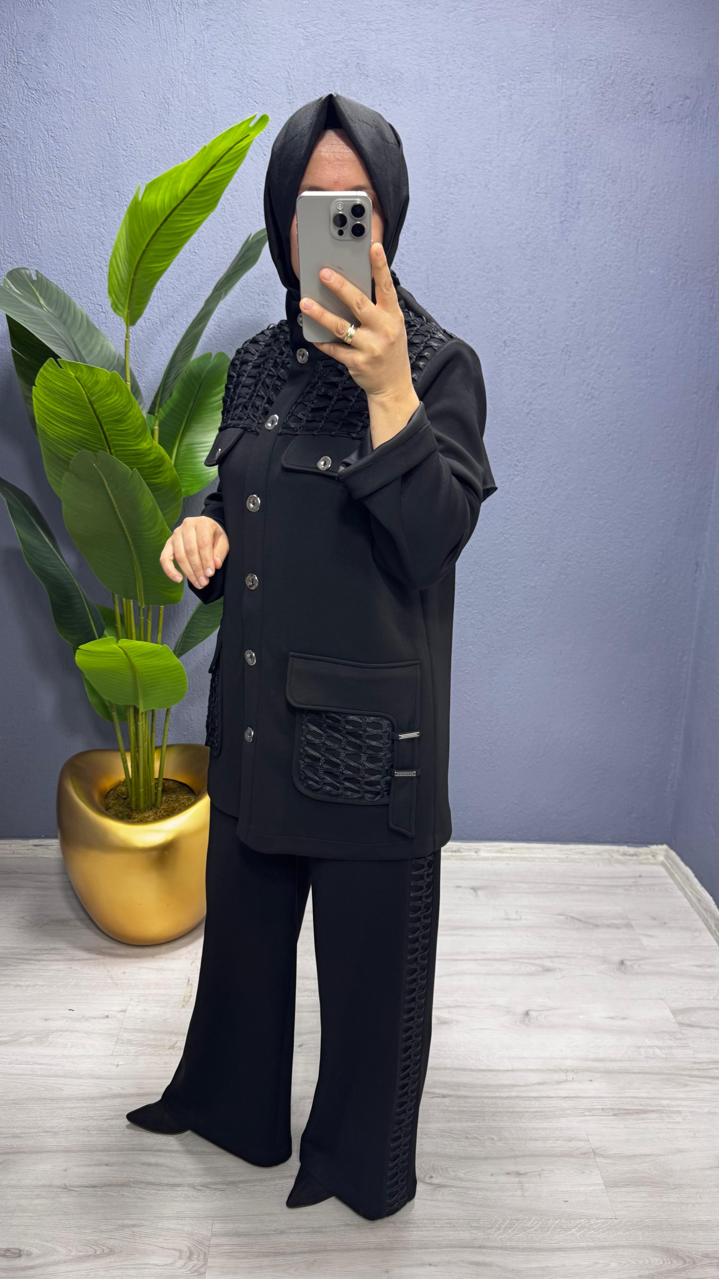 Tığ Triko File Detaylı Cepli  Pantolonlu Takım TKM.5019.01