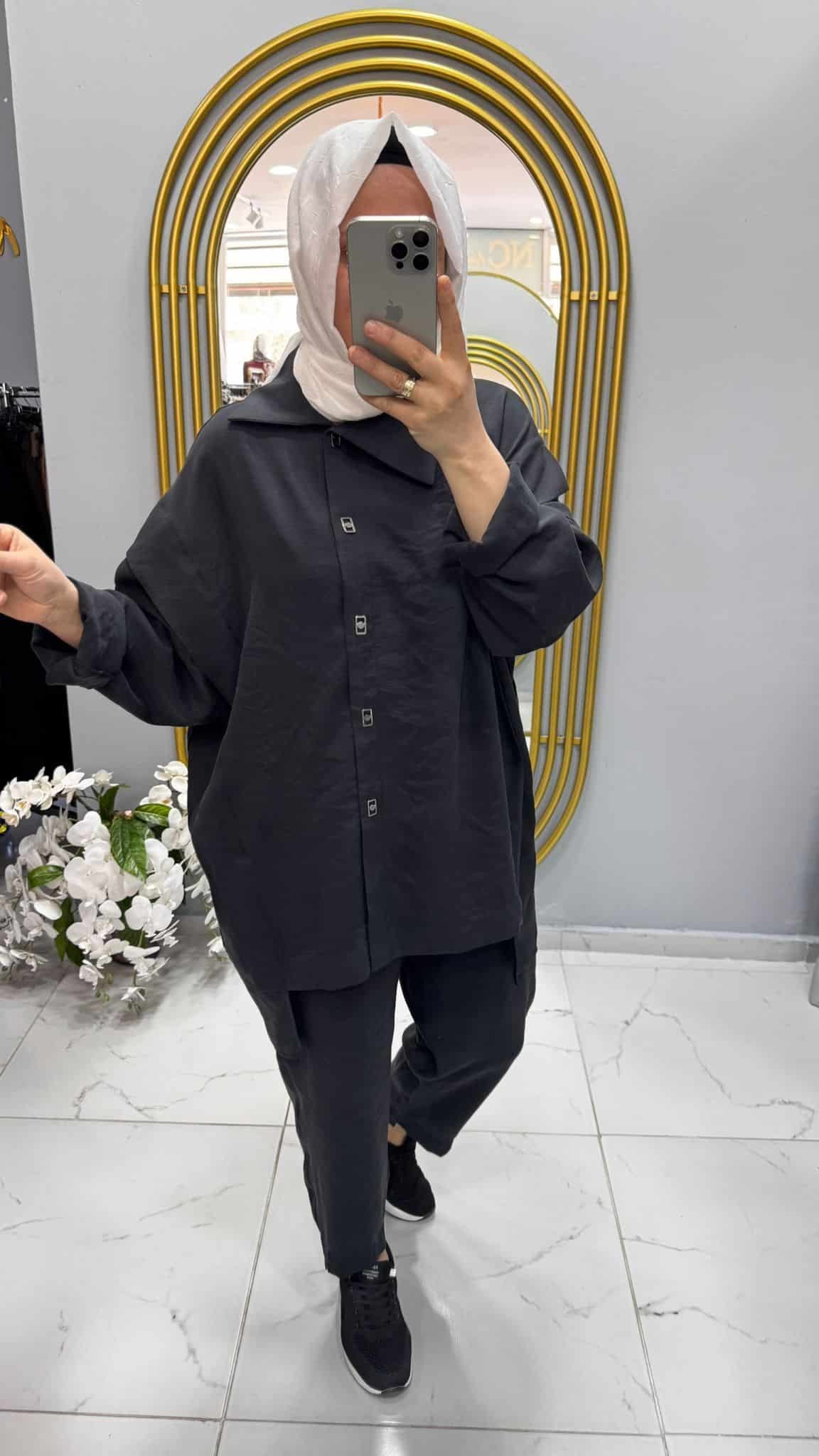 Tığ Triko Önden Çıt Çıtlı Asimetrik Oversize Tunik Takım (3014.01)