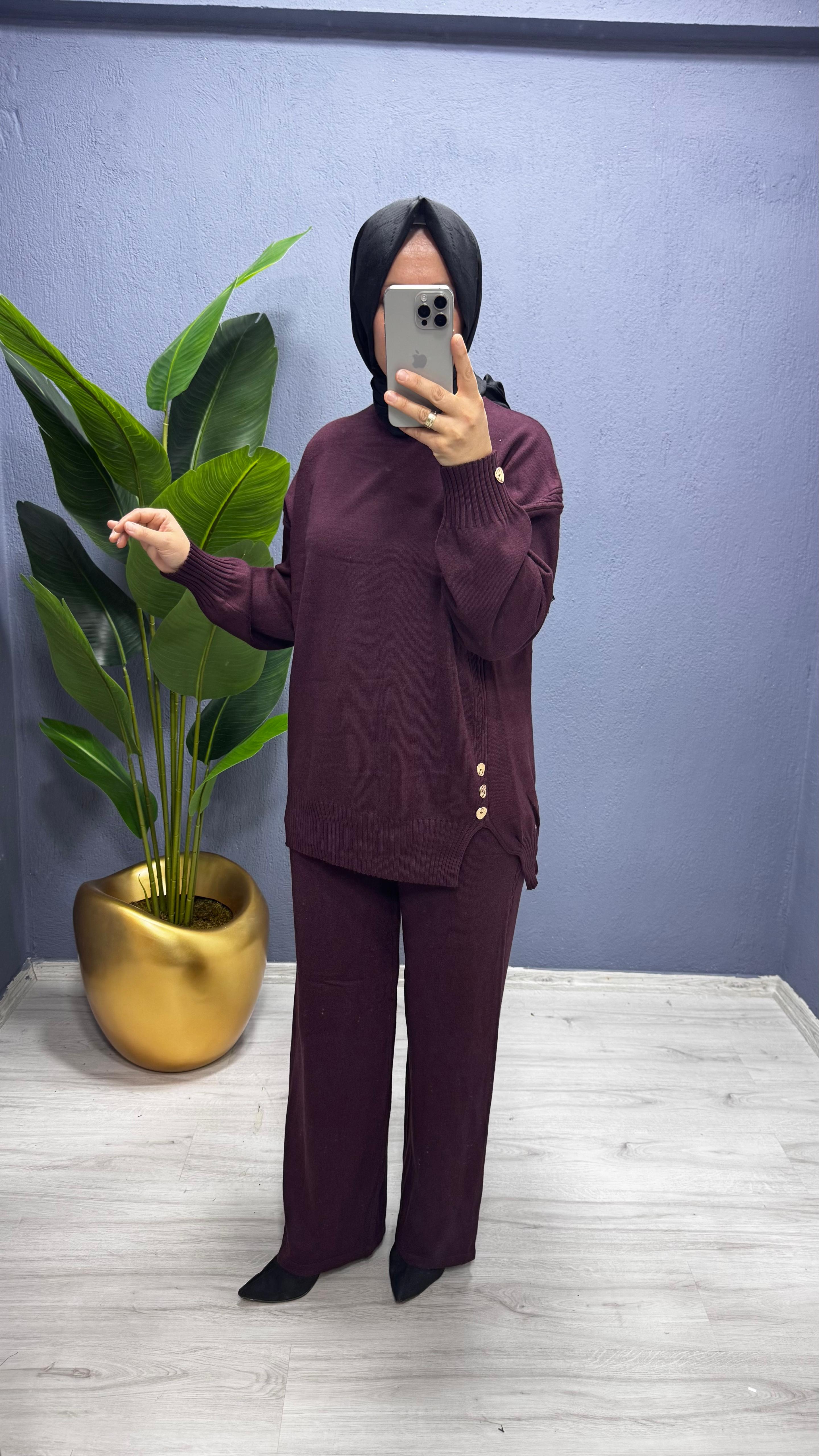 Tığ Triko  Yanları Düğmeli Tunik Pantolon Takım TKM.22003.01