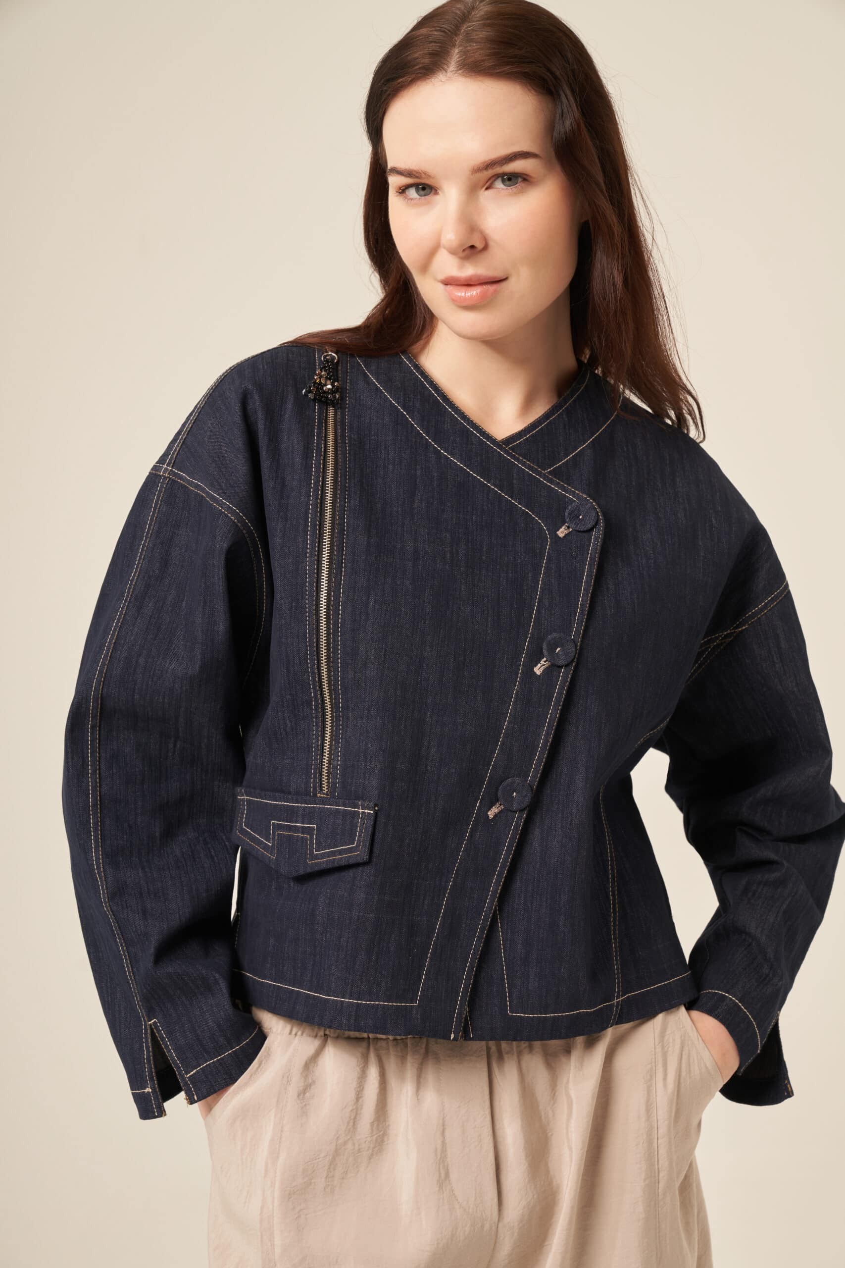 Ceremony Kruvaze Kapama Fermuar Detaylı Denim Ceket (5854)