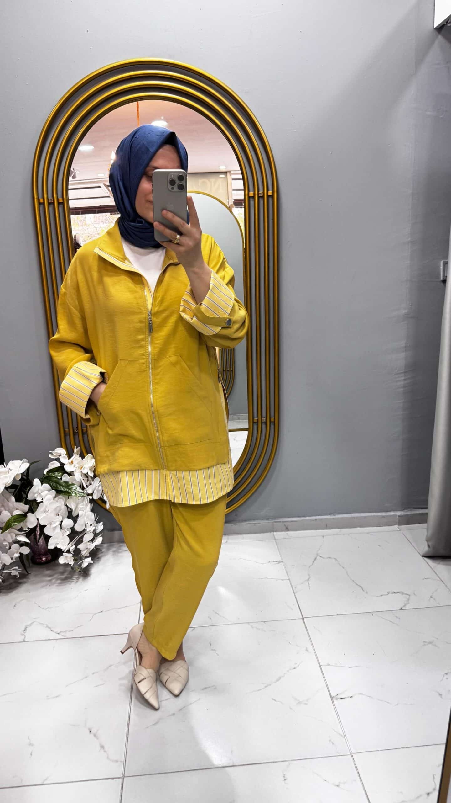 Tığ Triko Çizgili Poplin Mixli Fermuar Detaylı Pantolonlu Takım (2097)