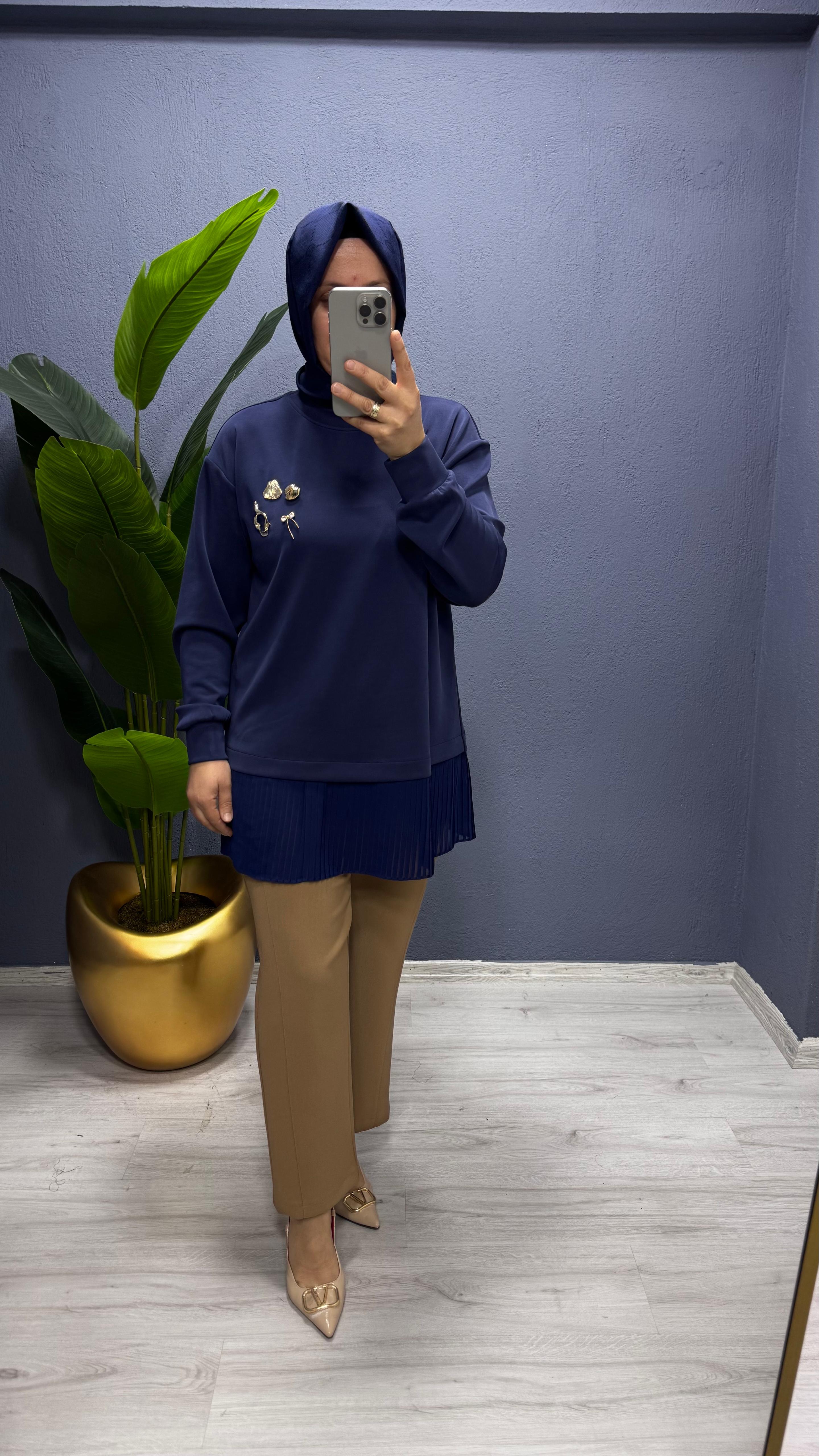 Tığ Triko Plise Detaylı Aksesuarlı TunikTNK.4012.1)