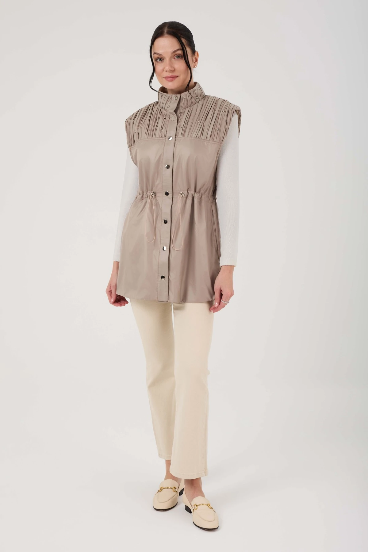 Kadın Deri Görünümlü Taş Detaylı Yelek 9262